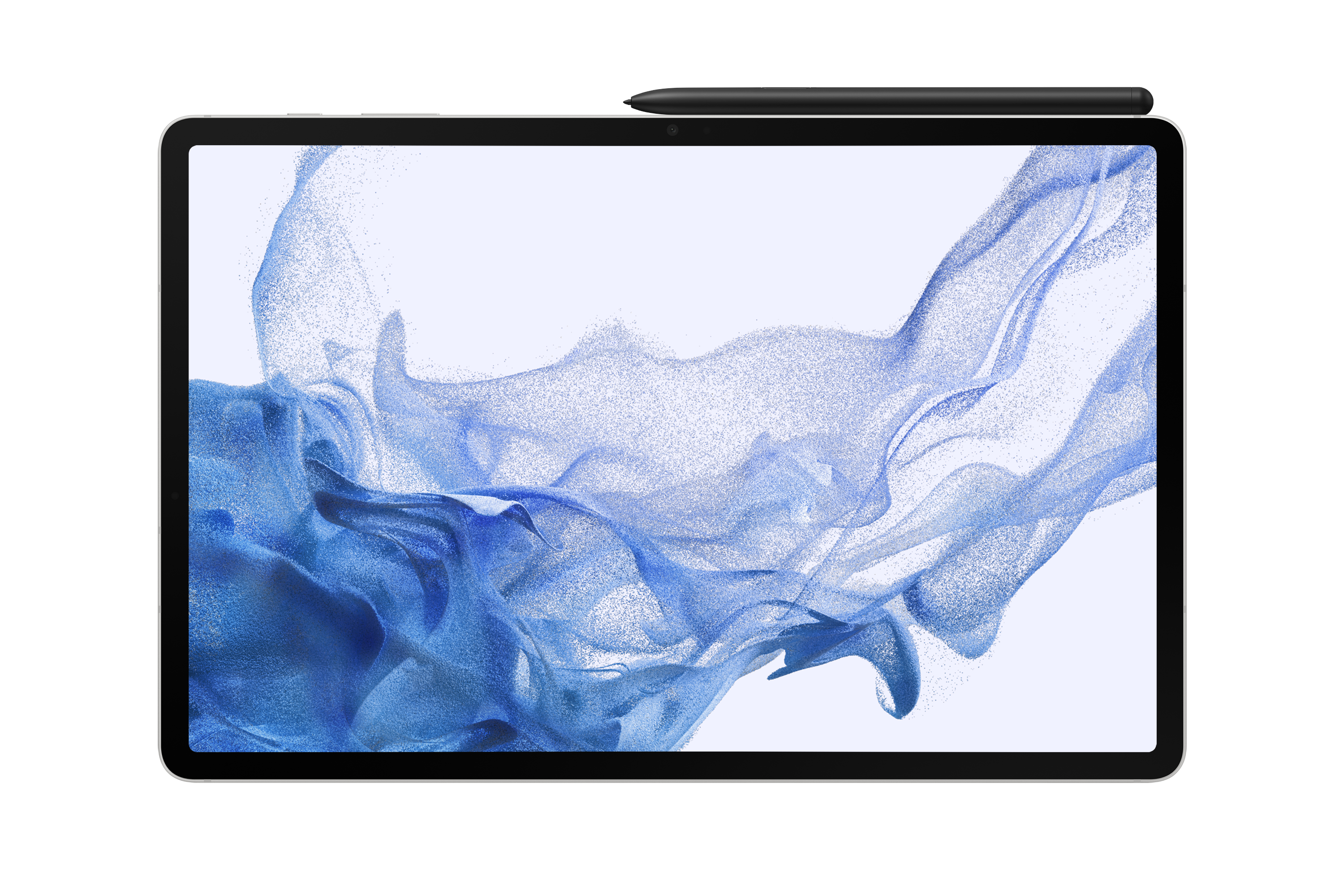 Tablet mit Stift oben. Der Bildschirm zeigt ein blaues Wirbelmuster auf Weiß.
