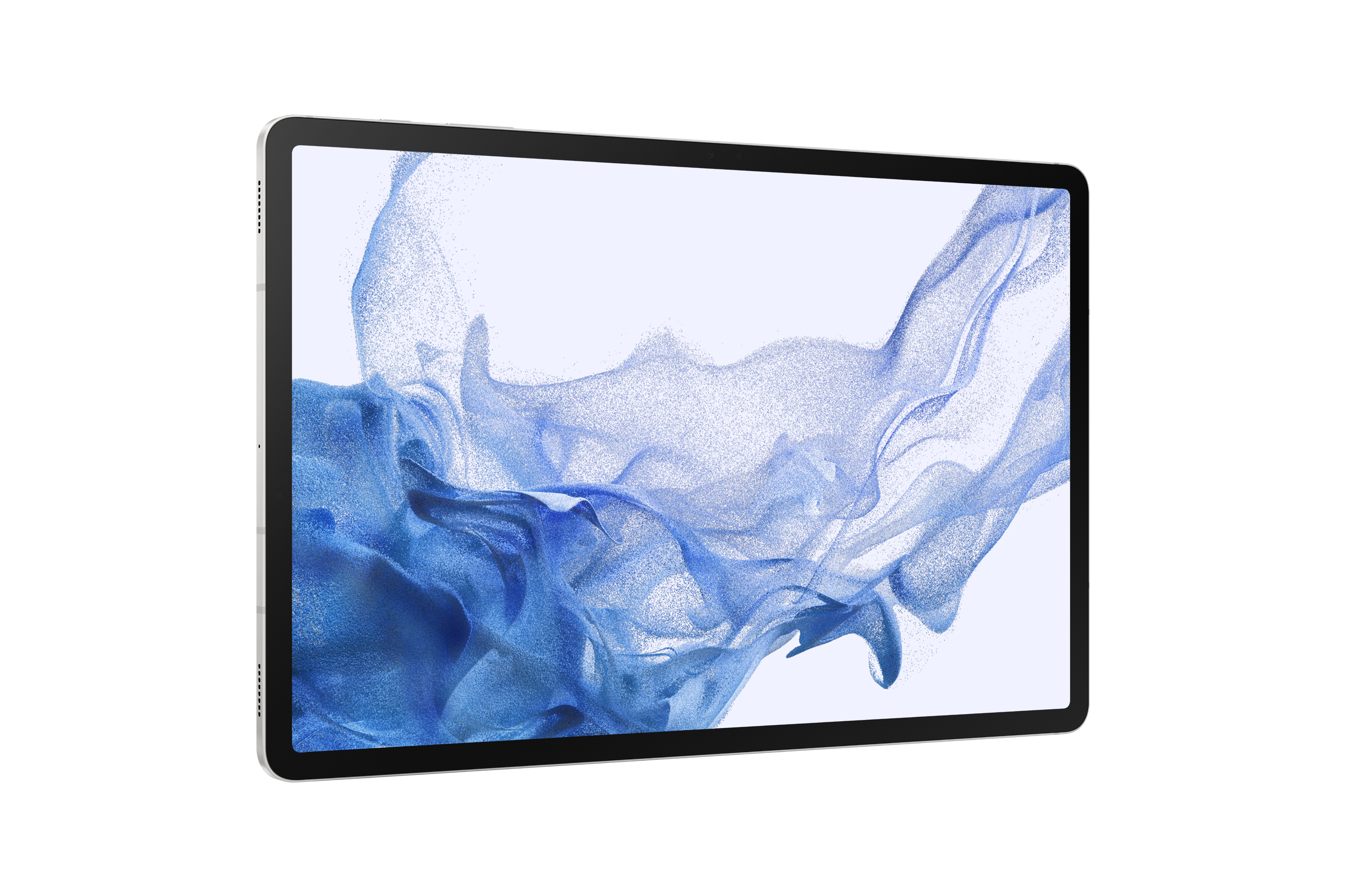 Ein weißes Tablet, das ein blau-weißes, fließendes Design auf dem Bildschirm zeigt.