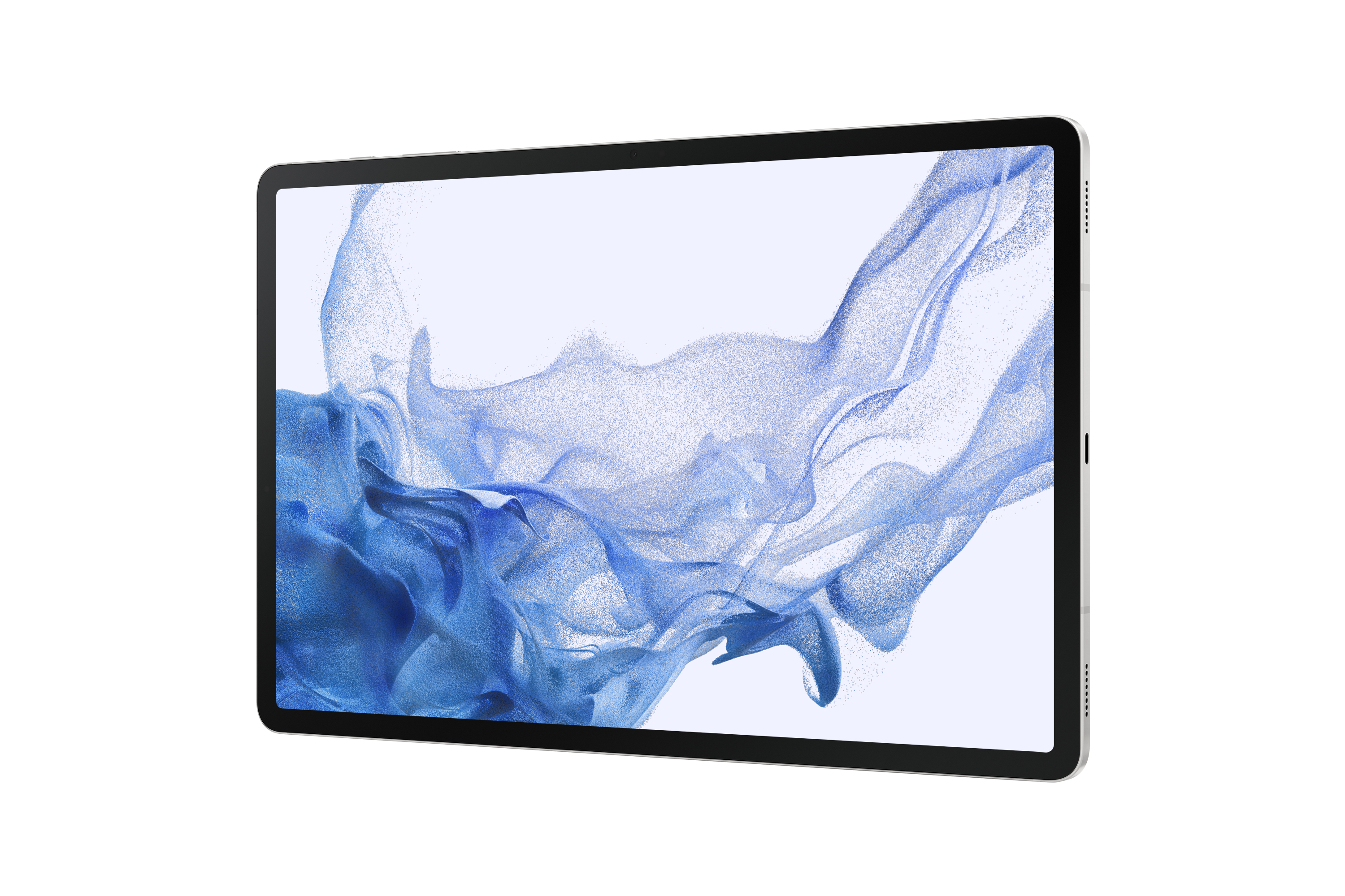 Tablet-Computer auf weißem Hintergrund. Der Bildschirm zeigt abstrakte blau-weiße Kunstwerke.