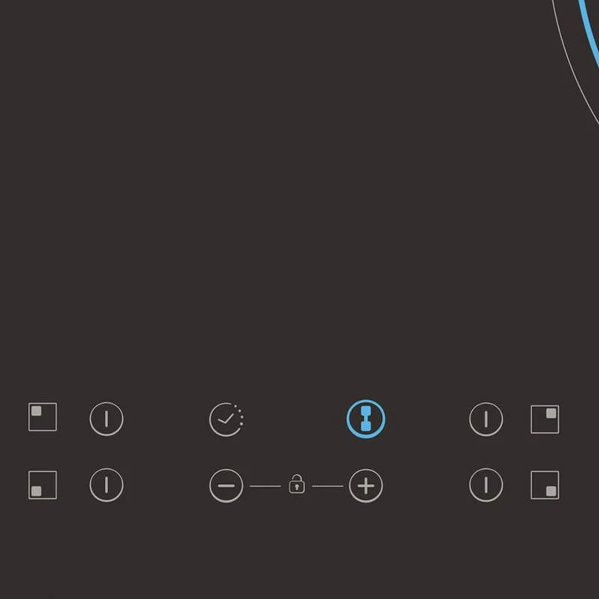 Ciemny ekran z kilkoma małymi kwadratowymi przyciskami na dole i niebieskim okrągłym elementem.