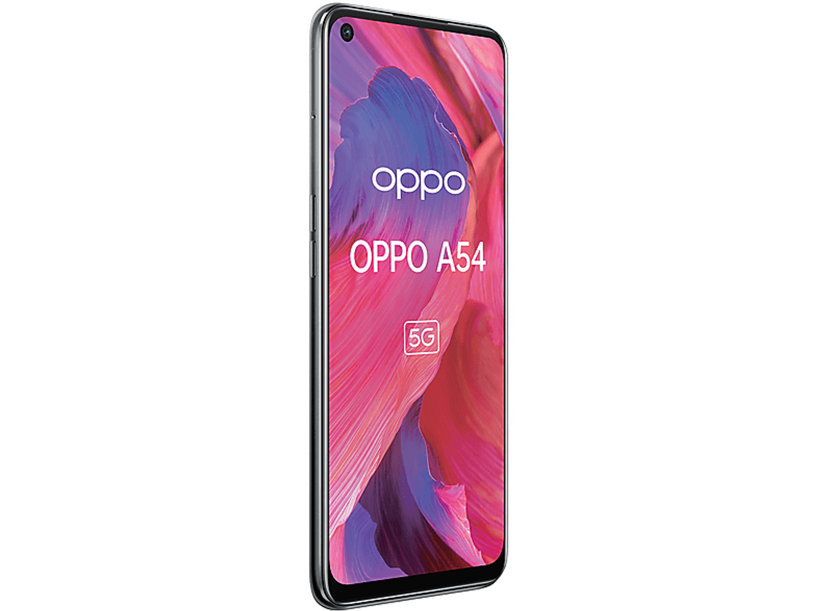 Een Oppo A54 smartphone in een roze en blauw kleurenschema op een zwarte achtergrond.