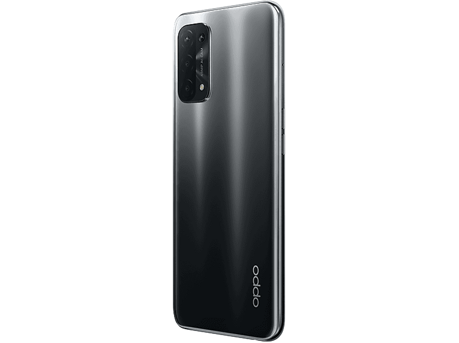 Zwarte smartphone met meerdere camera's achterop, Oppo logo op zwarte achtergrond.