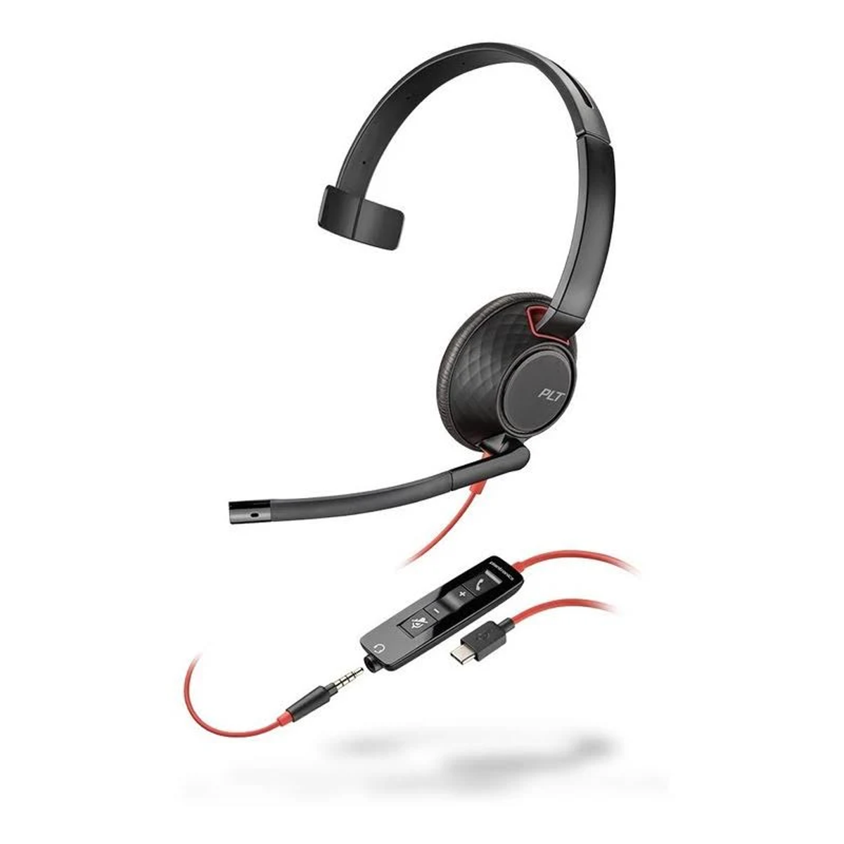 Un casque noir avec un câble rouge et un module de commande, isolé sur blanc.