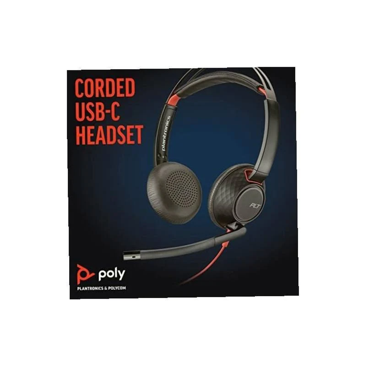 Casque USB-C filaire Poly noir et rouge sur fond sombre avec du texte.