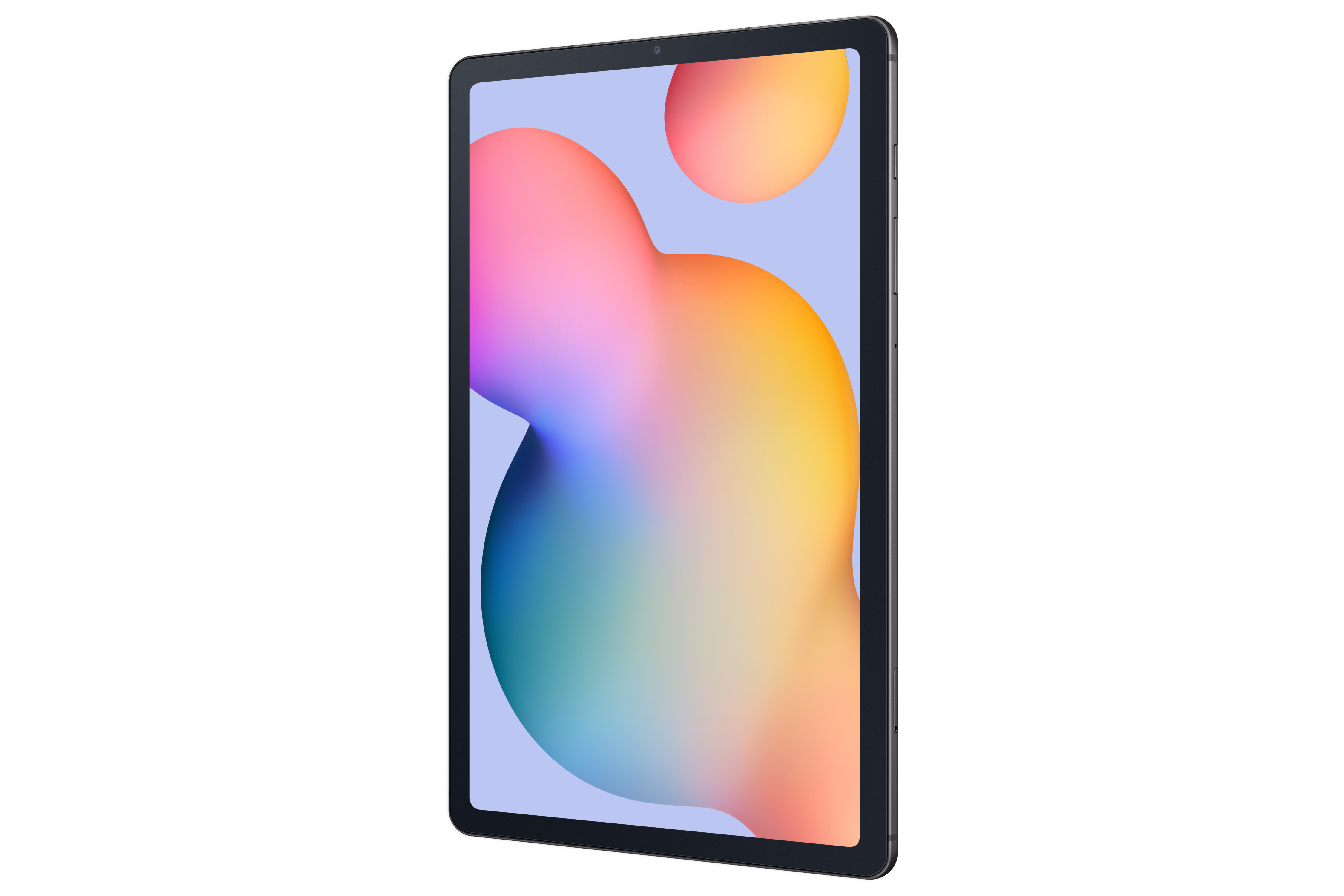 Tablet mit abstraktem Design auf dem Bildschirm, Seitenansicht, auf weißem Hintergrund.
