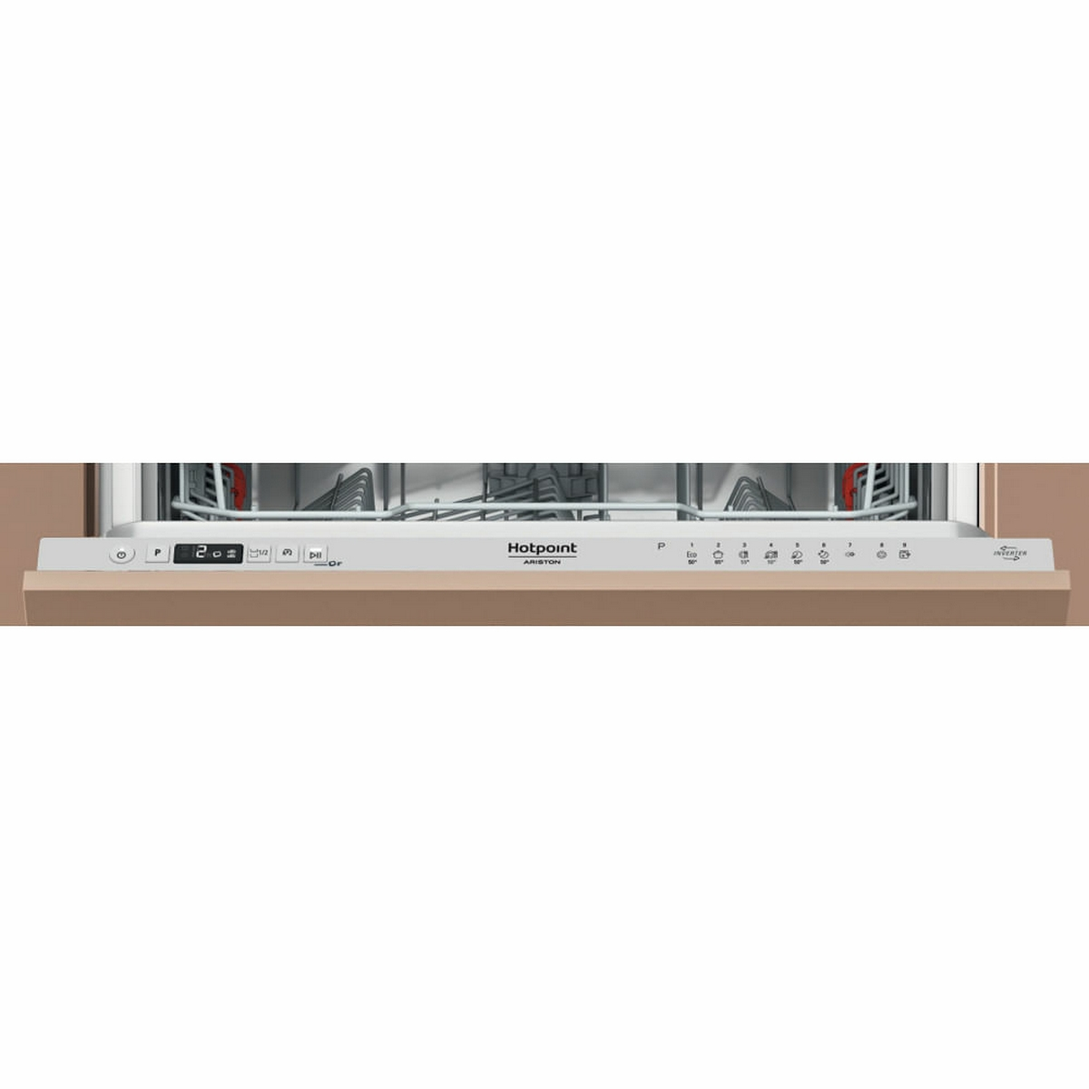 Pannello di controllo della lavastoviglie, porta beige, con display e pulsanti, sfondo bianco.