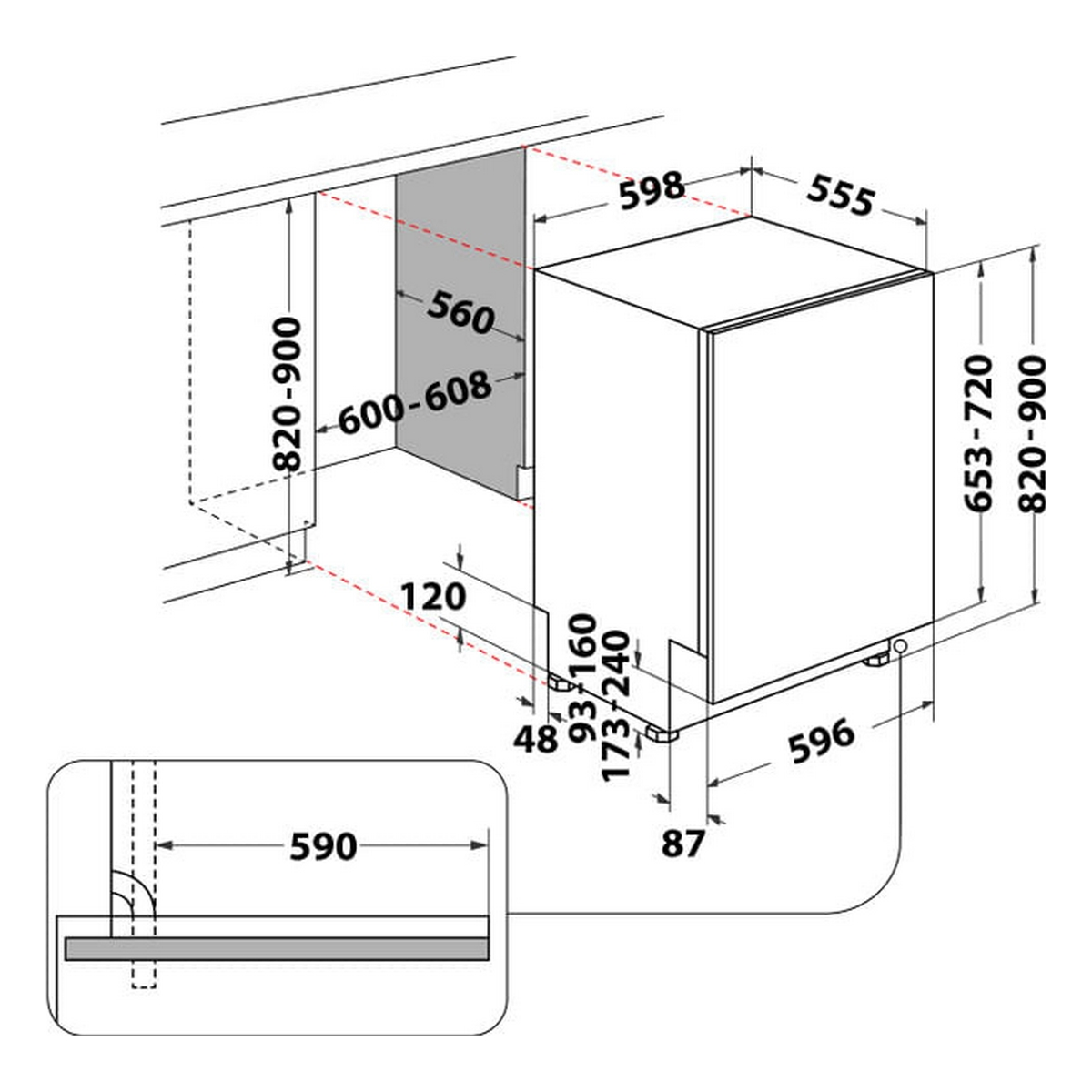Disegno tecnico di una lavastoviglie a incasso, con dimensioni e specifiche.
