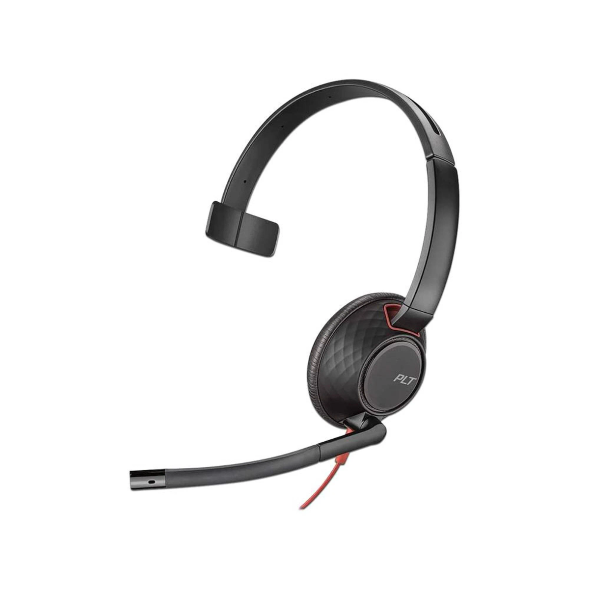 Czarny zestaw słuchawkowy z elastycznym mikrofonem. Posiada logo PLT na słuchawce.