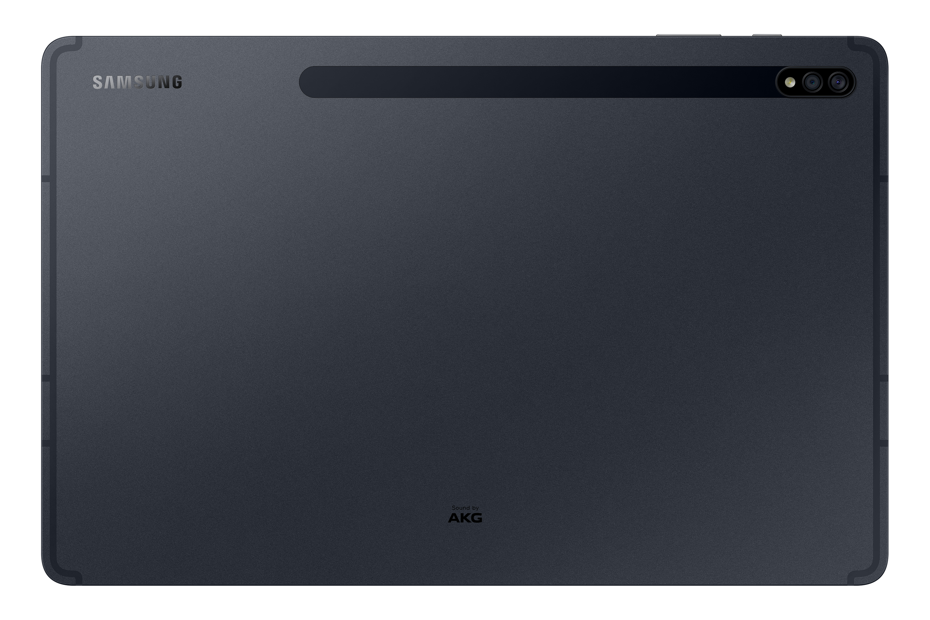 Dunkelgraue Tablet-Rückseite mit Kamera und Samsung- und AKG-Logos. Das Tablet ist isoliert.