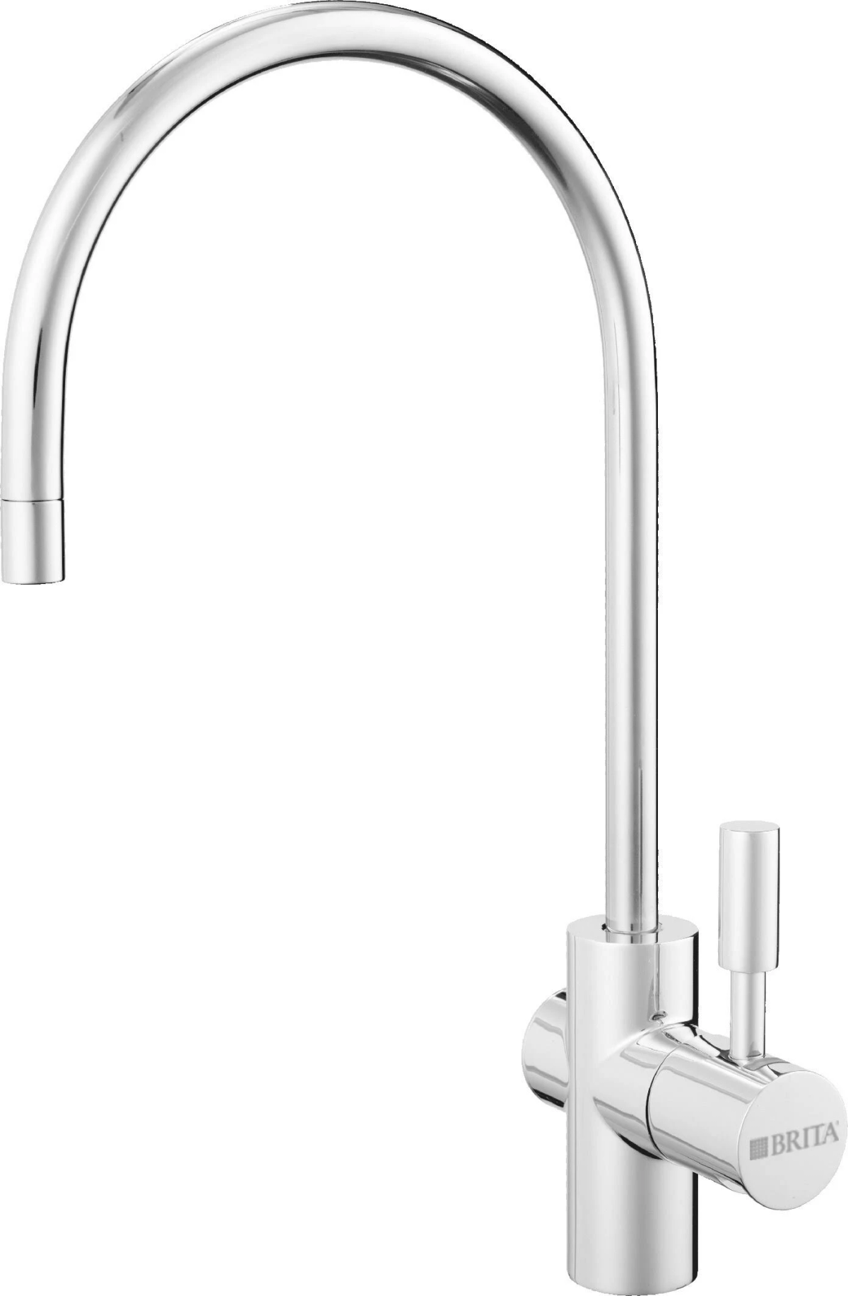 Błyszcząca chromowana bateria kuchenna z zakrzywioną wylewką i dźwignią.