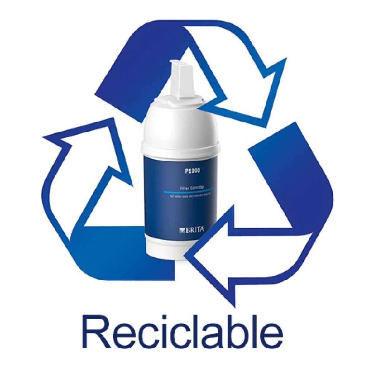 Biały wkład filtrujący z niebieskim symbolem recyklingu i słowem 'Reciclable' poniżej. Do filtrowania wody.