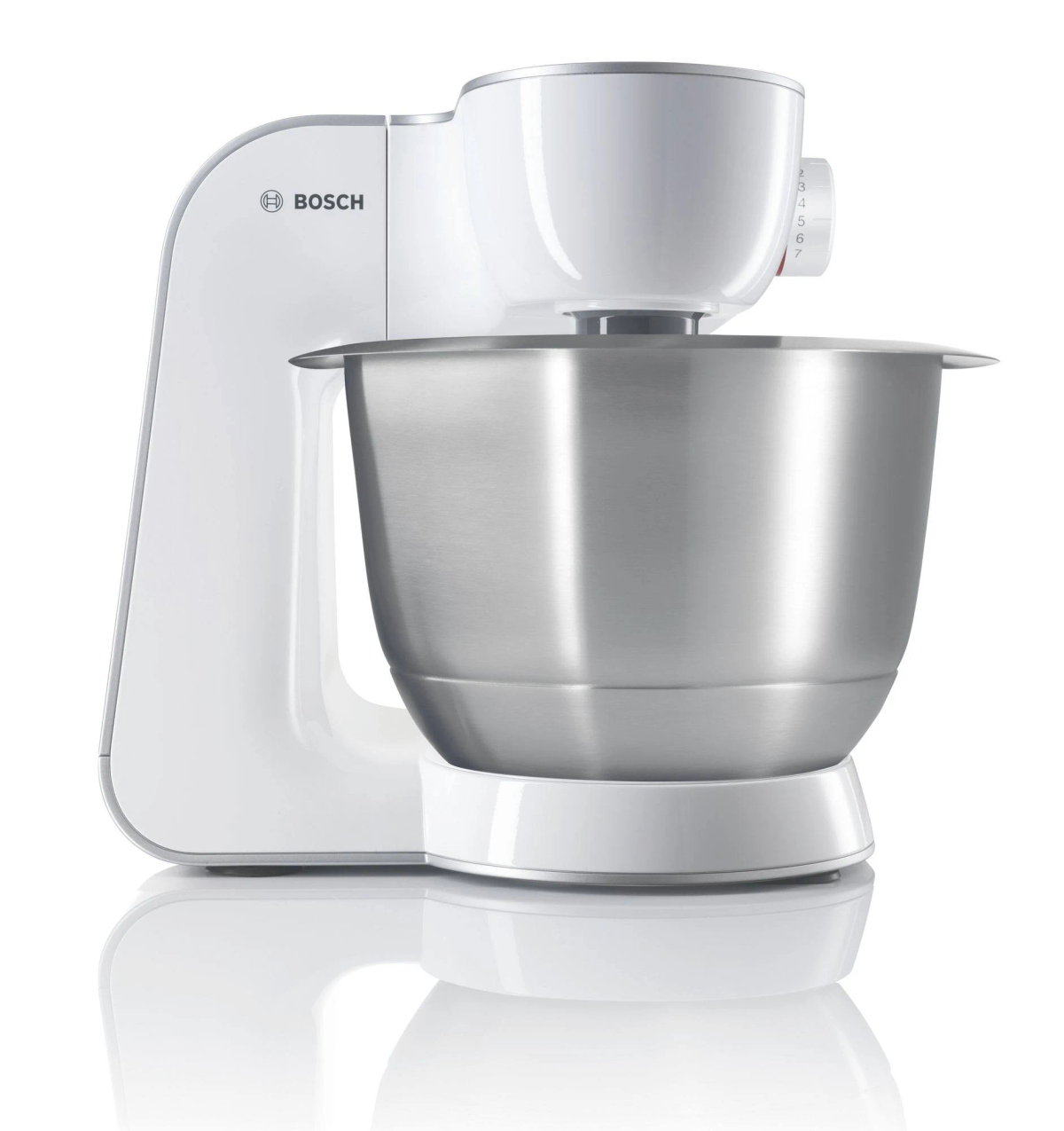 Ein weißer Küchenmixer mit einer Edelstahlschüssel.