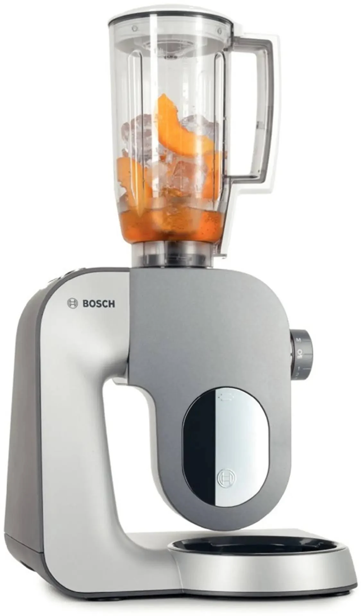 Bosch-Küchenmaschine mit transparentem Mixer, gefüllt mit Obst und Eis.