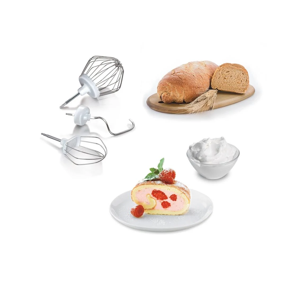 Verschiedene Küchenutensilien, Brot, Schlagsahne und Kuchenrolle auf weißem Hintergrund.