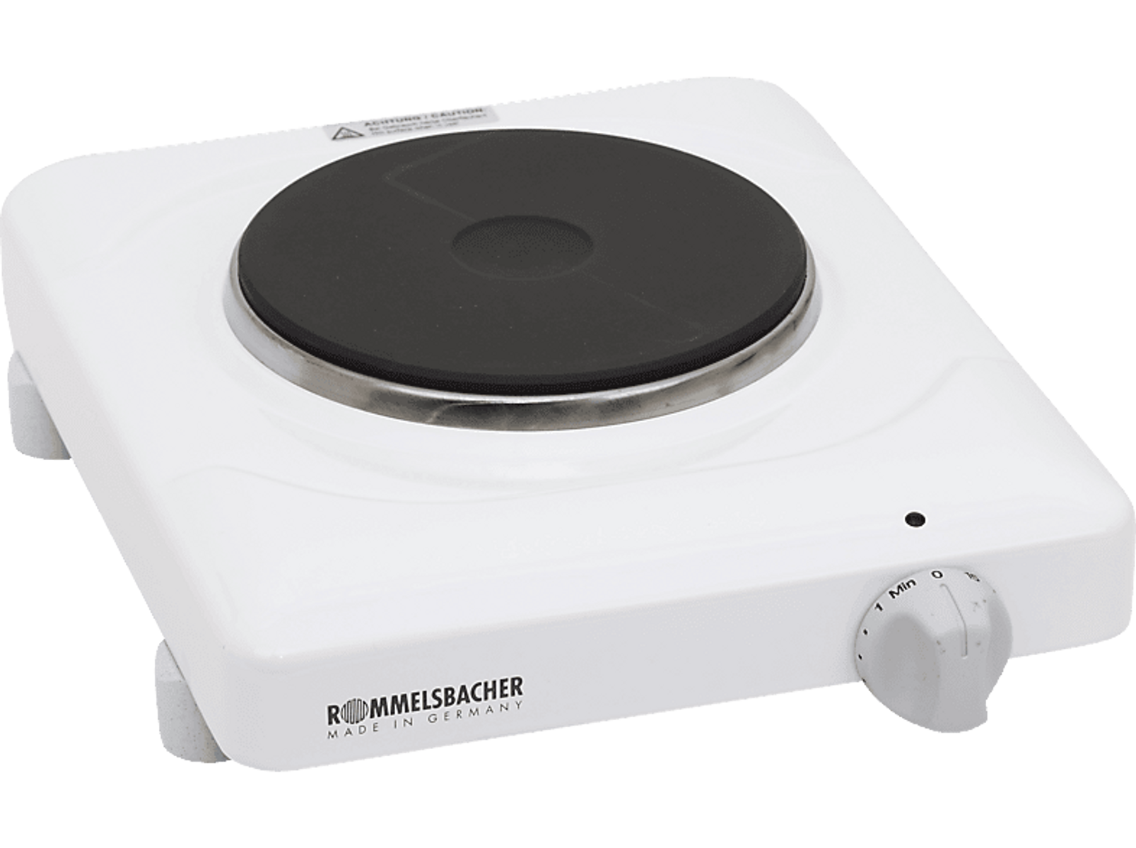 Biała przenośna kuchenka z czarnym elementem grzejnym i pokrętłem sterowania. Widoczna jest nazwa marki.