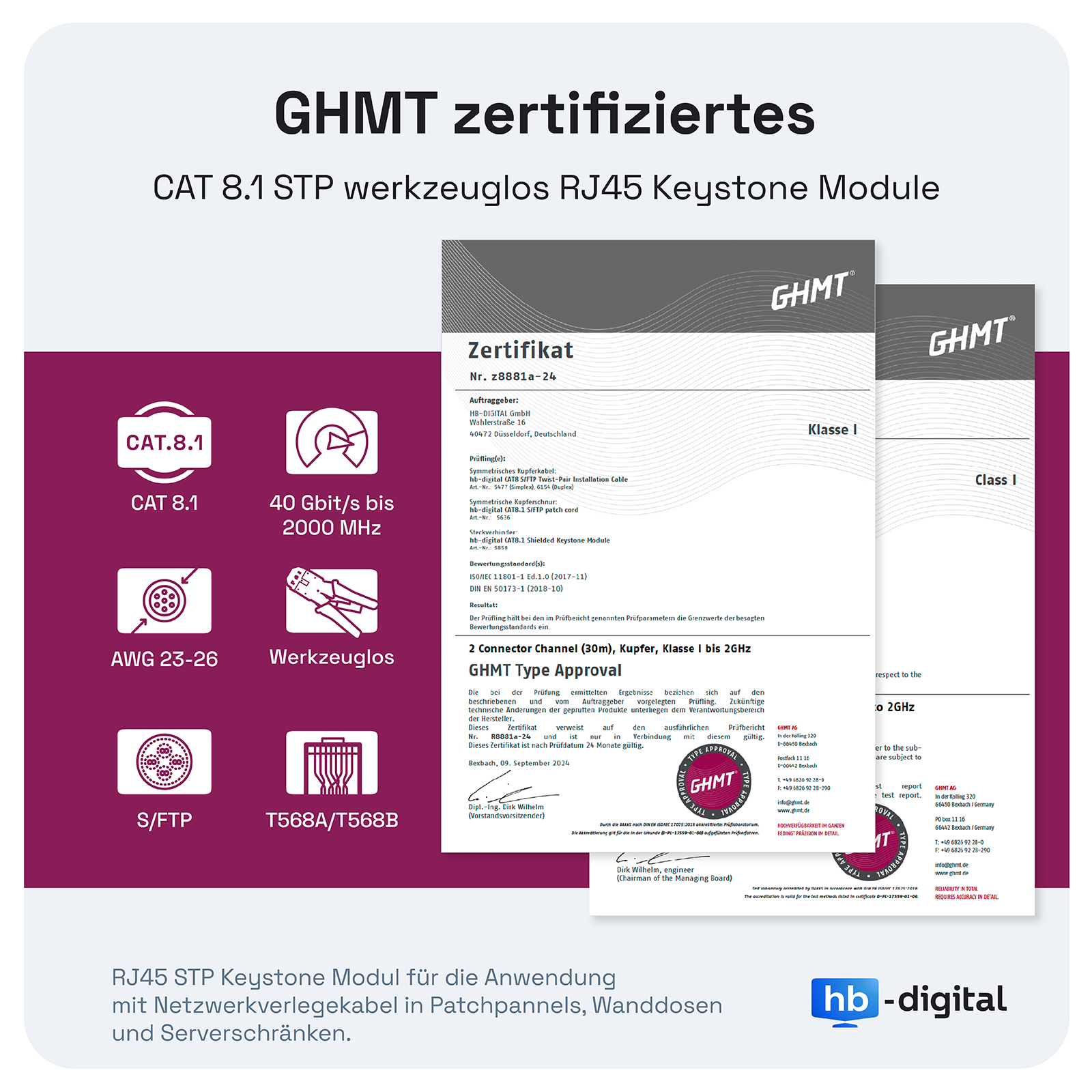 Zertifikate mit technischen Informationen und Logos. Weißer Hintergrund mit Symbolen.