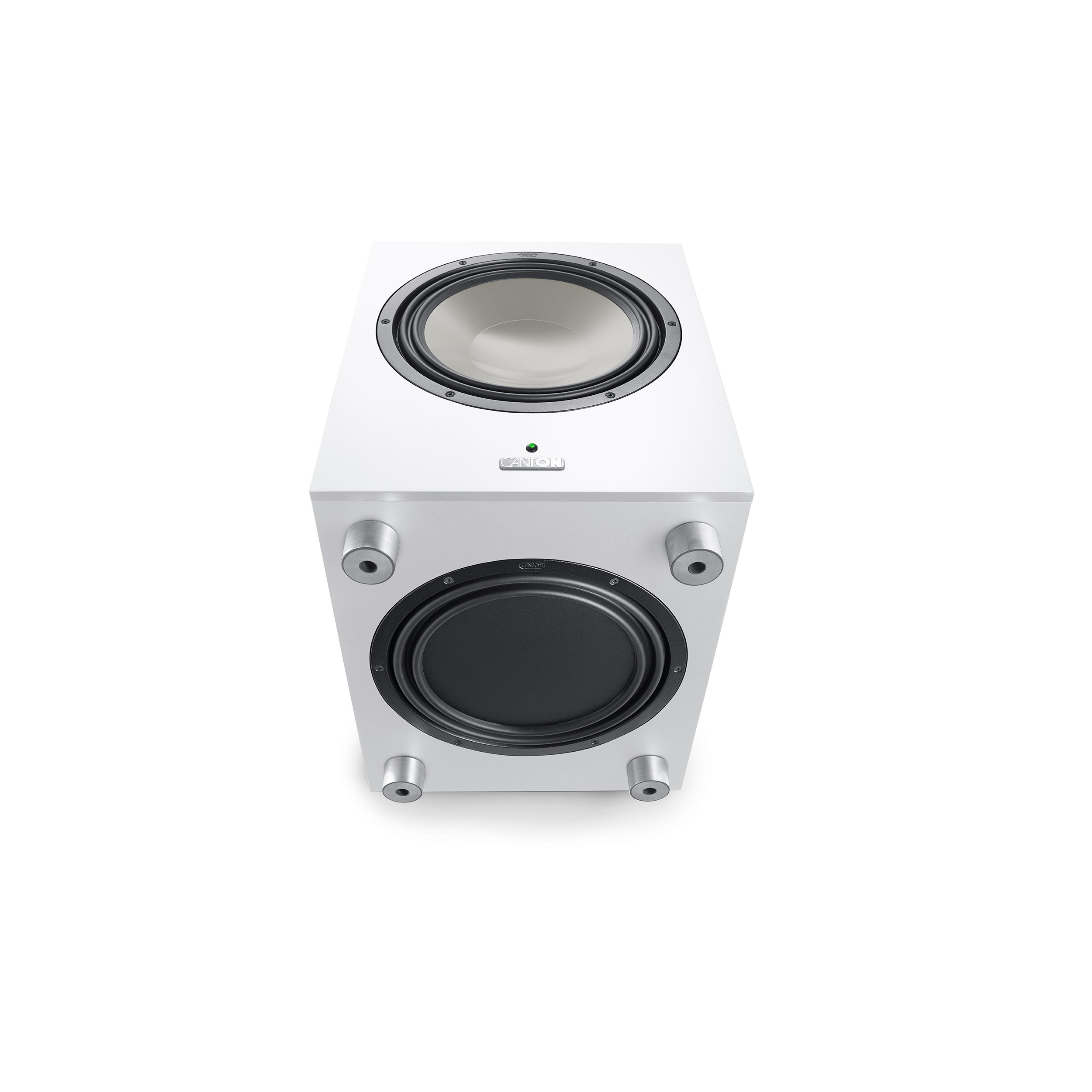 Ein weißer Subwoofer mit zwei Lautsprechern, Draufsicht, auf weißem Hintergrund.