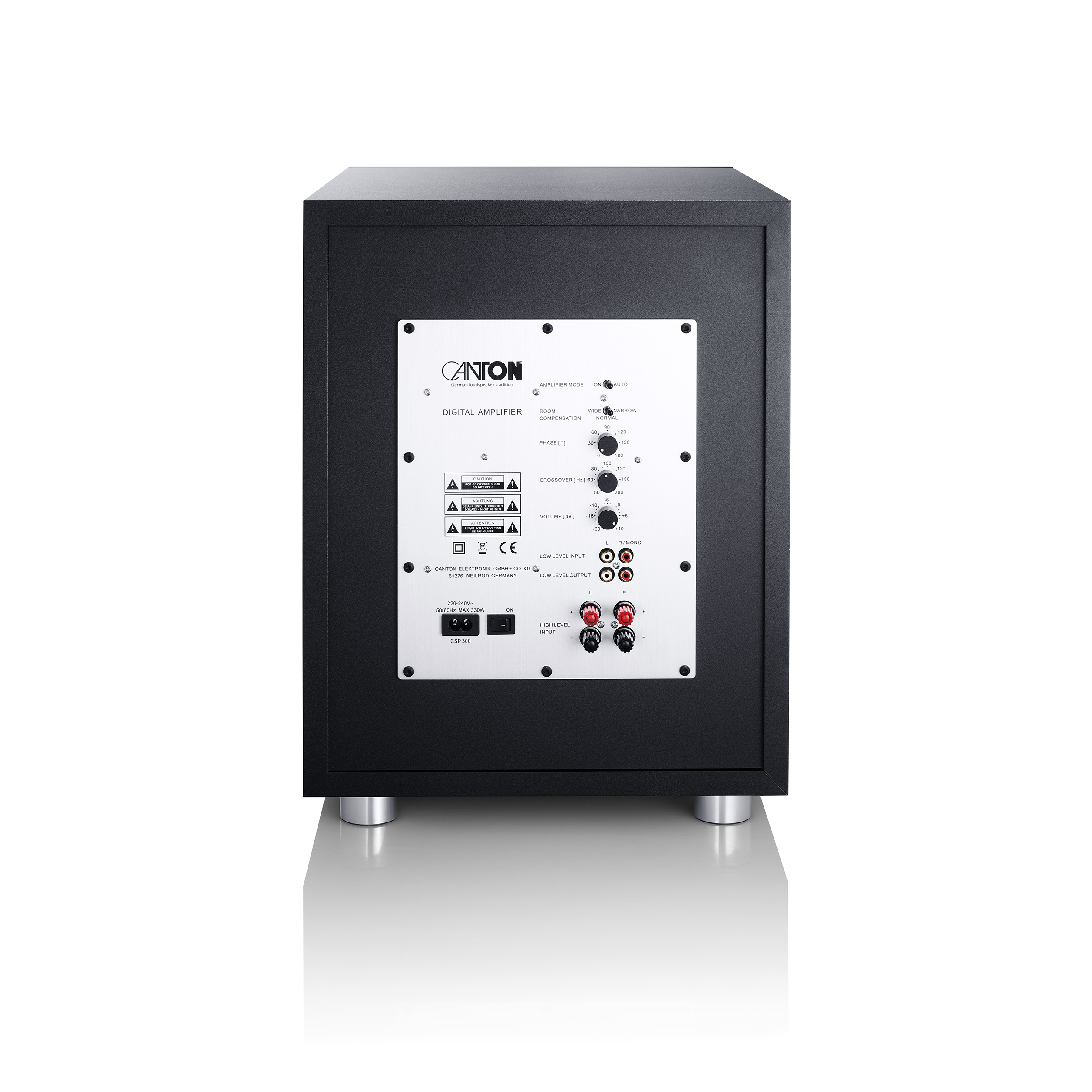 Schwarze Subwoofer-Rückseite. Es hat verschiedene Anschlüsse, Drehregler und ein Netzkabel. Der Hintergrund ist weiß.