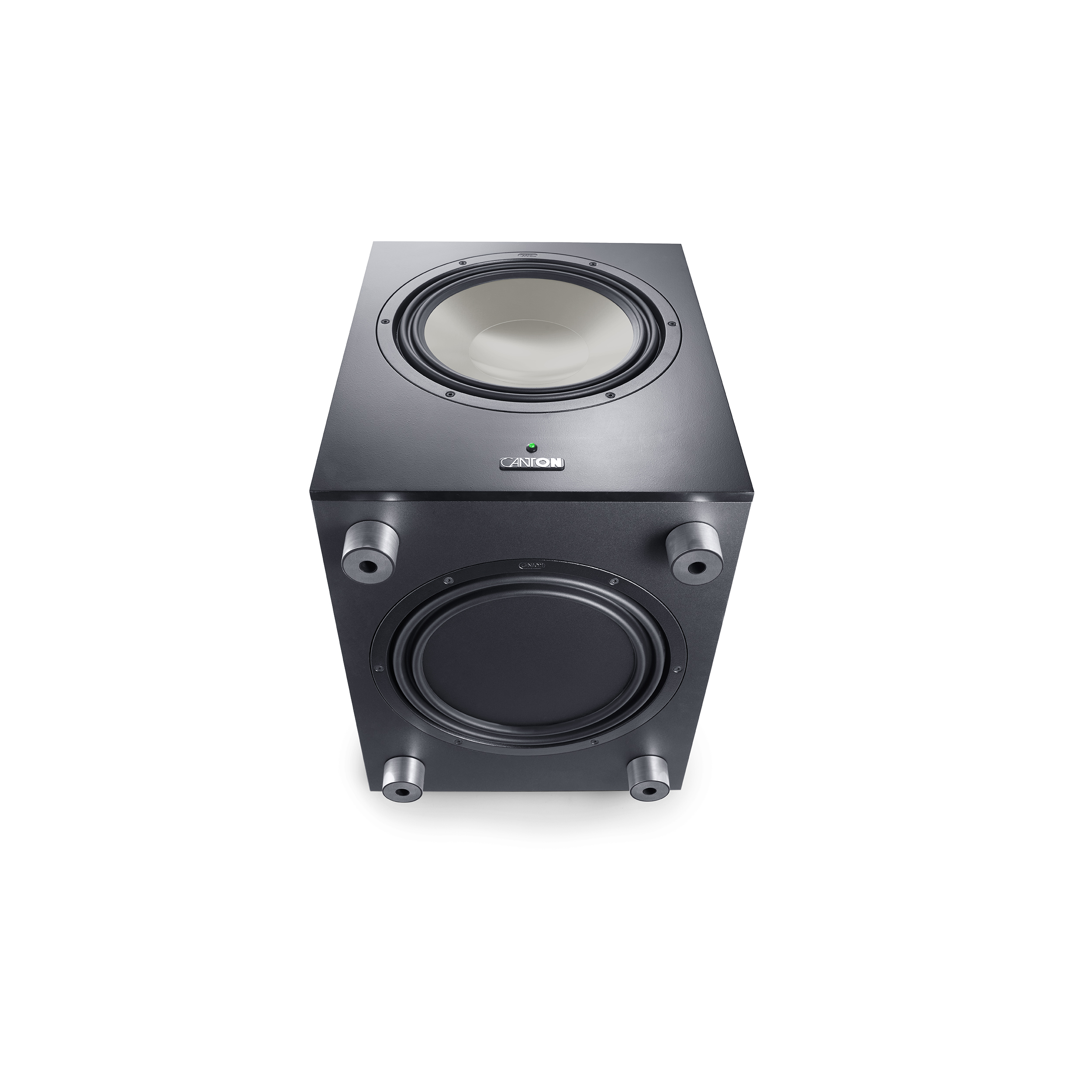Schwarzer Subwoofer-Lautsprecher von Canton mit weißem Lautsprecher und silbernen Beinen.