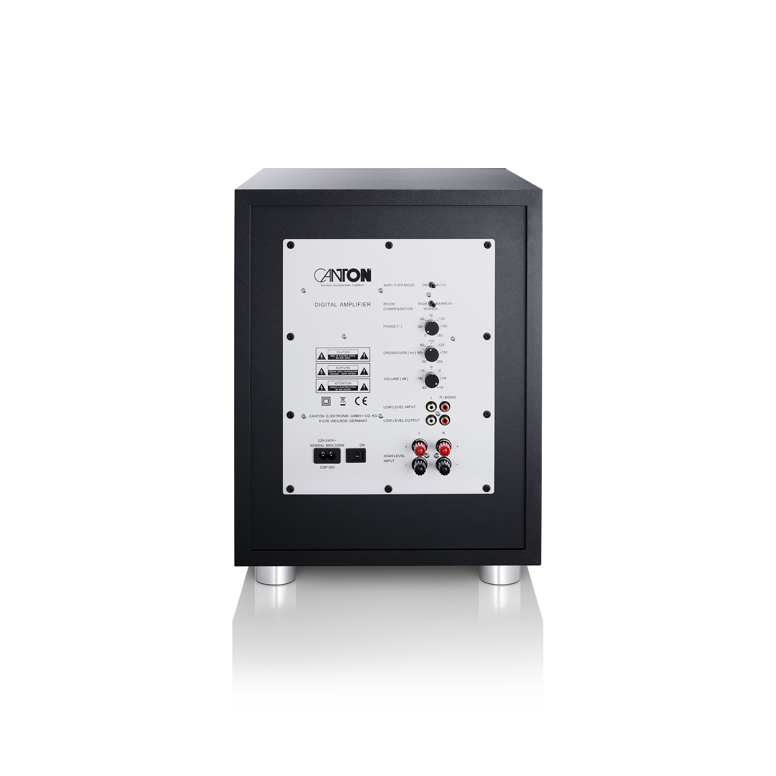 Schwarzer Canton-Subwoofer. Rückseite mit Bedienelementen und Eingängen. Silberfüße. Weißer Hintergrund.