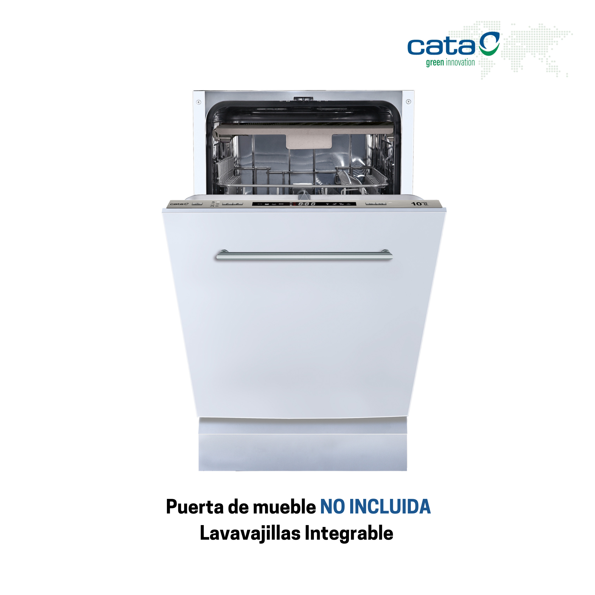 Un lavavajillas integrado blanco con la puerta abierta, con texto en la parte inferior.