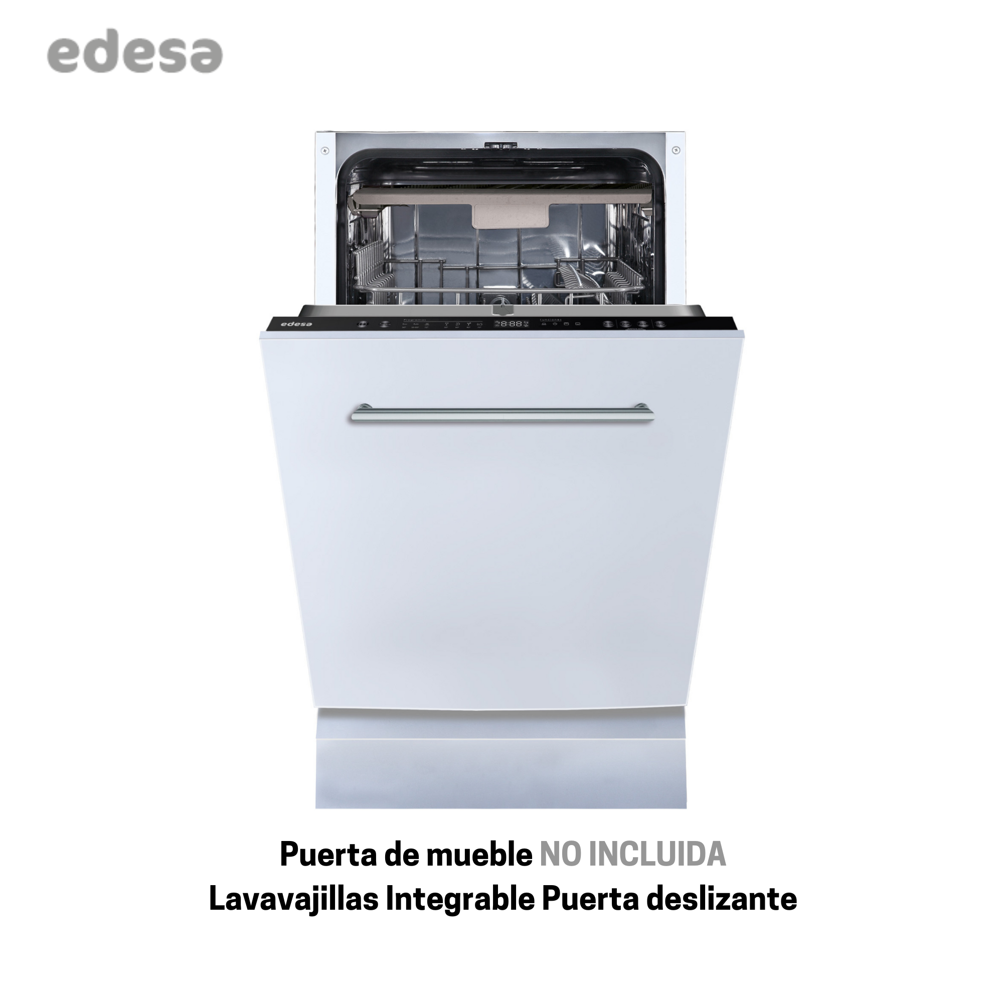 Lavavajillas integrado blanco con puerta abierta, tirador plateado y panel de control. Marca Edesa.