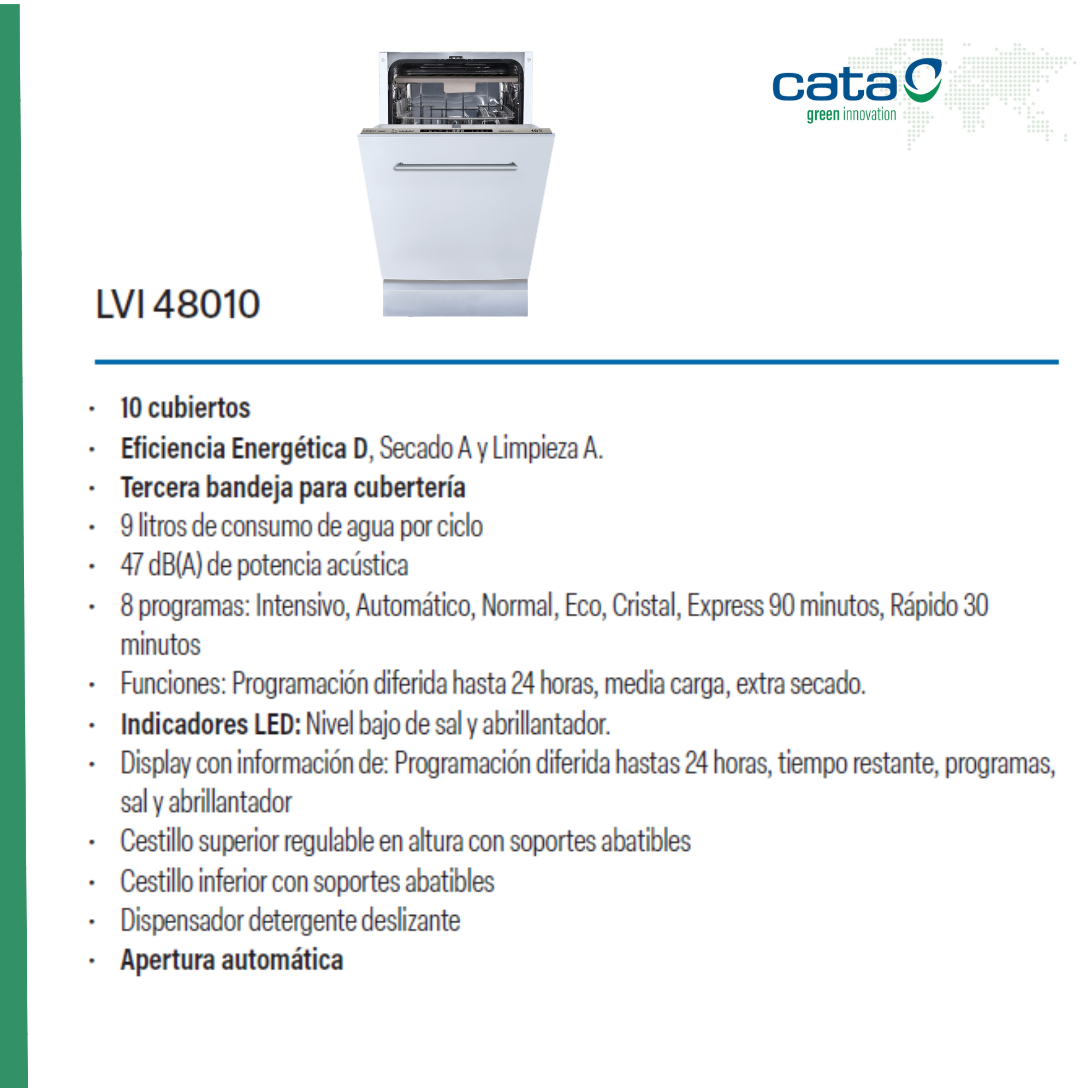 Especificaciones del lavavajillas en español, incluida la eficiencia energética y la capacidad.