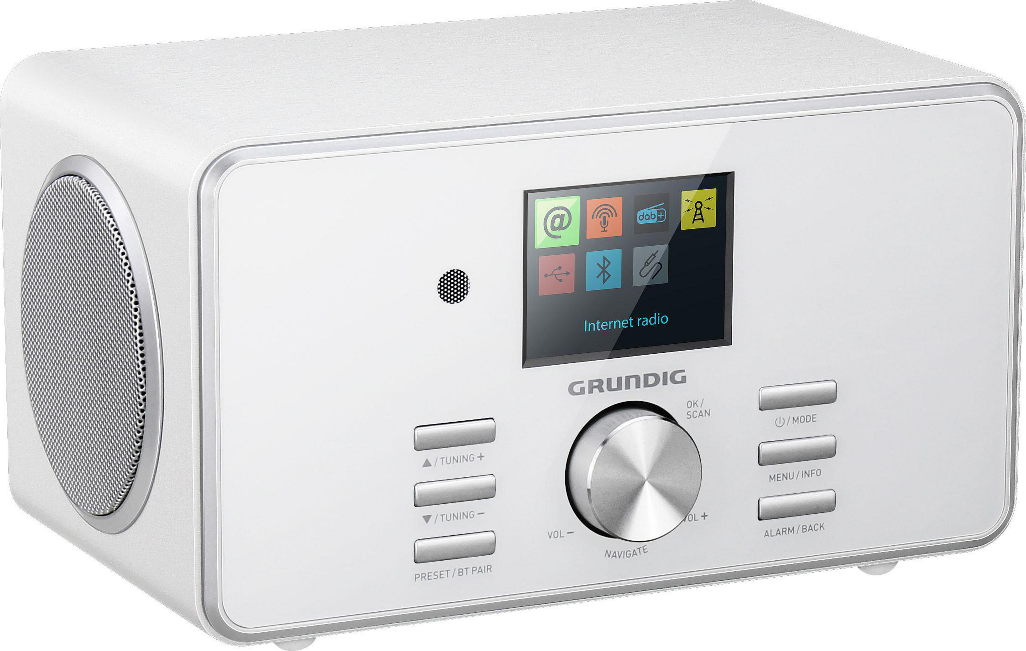 Białe radio internetowe Grundig. Ma ekran i wiele przycisków. To nowoczesne urządzenie.