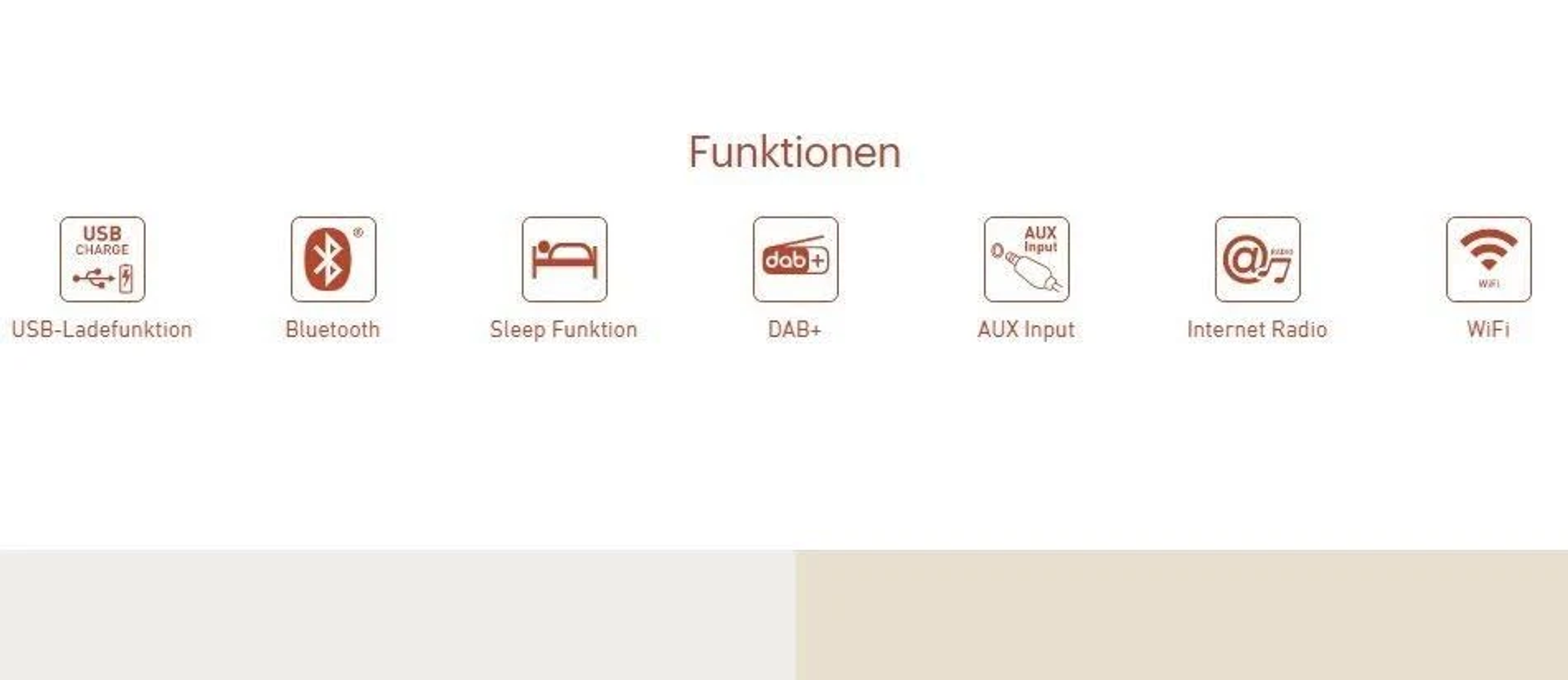 Ikony funkcji: ładowanie USB, Bluetooth, uśpienie, DAB+, wejście AUX, radio internetowe, WiFi.