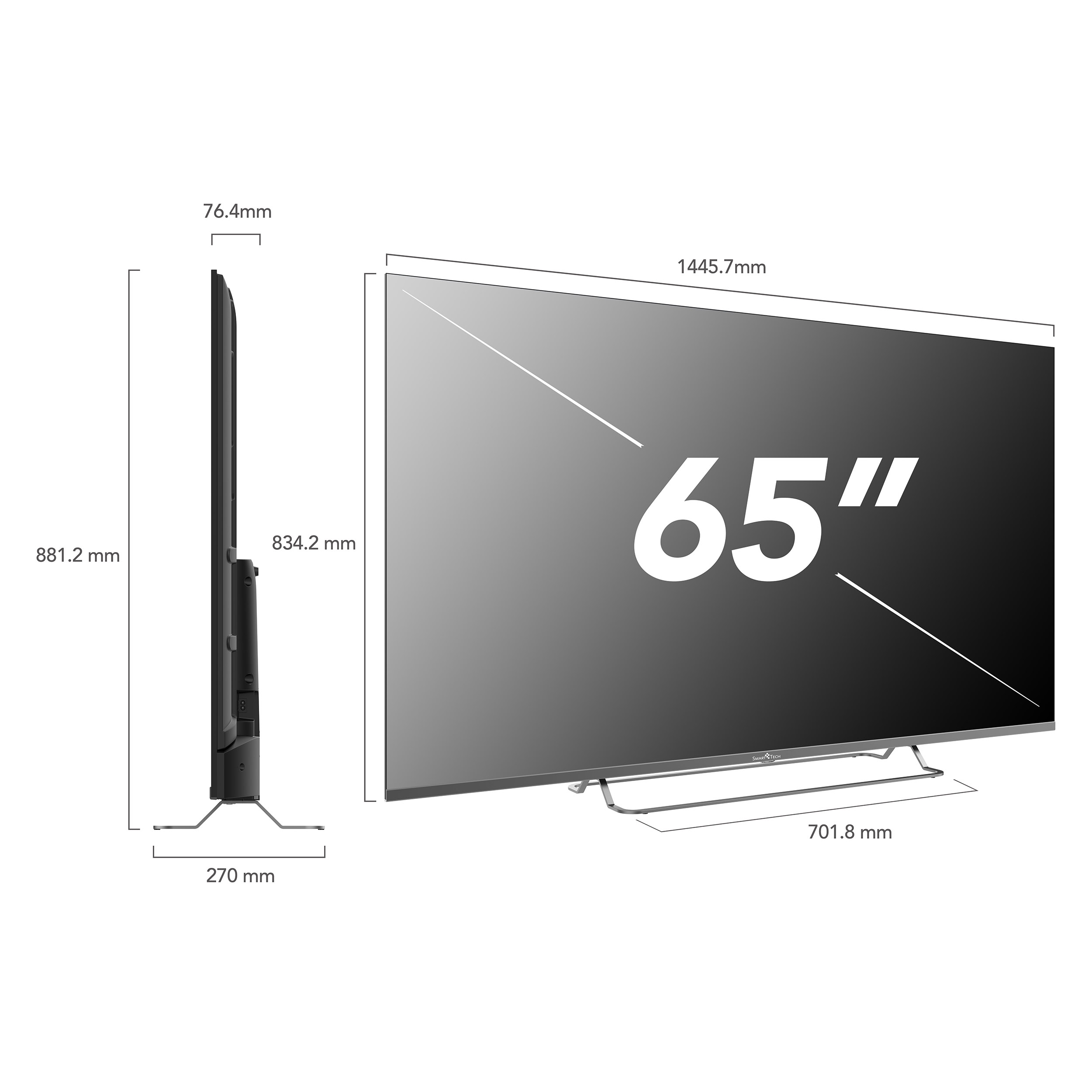 Telewizor 65 cali. Telewizor jest czarny, z wymiarami w mm. Widok z boku pokazuje grubość.