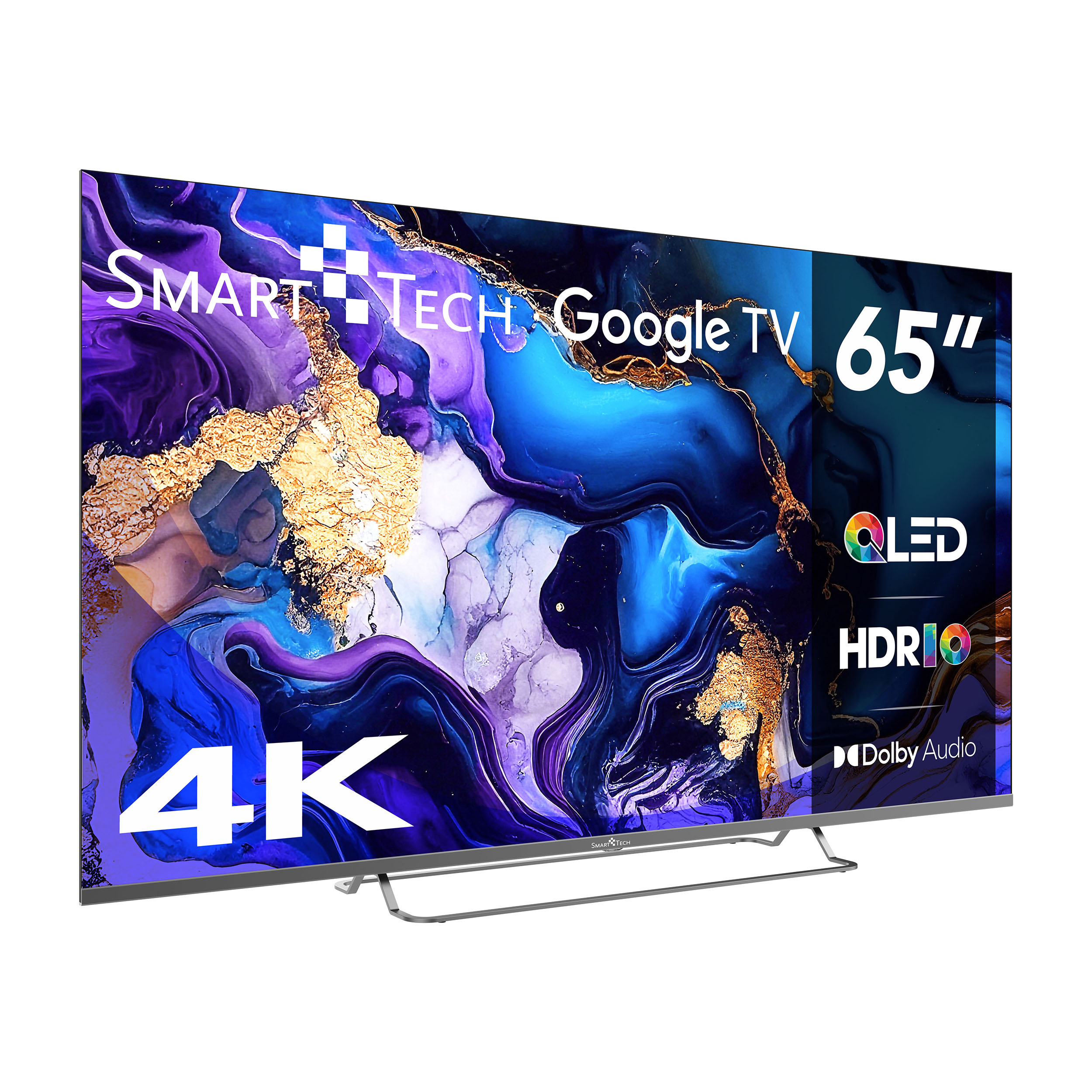 Telewizor Smart Tech Google TV o przekątnej 65 cali z kolorowym abstrakcyjnym obrazem na ekranie.
