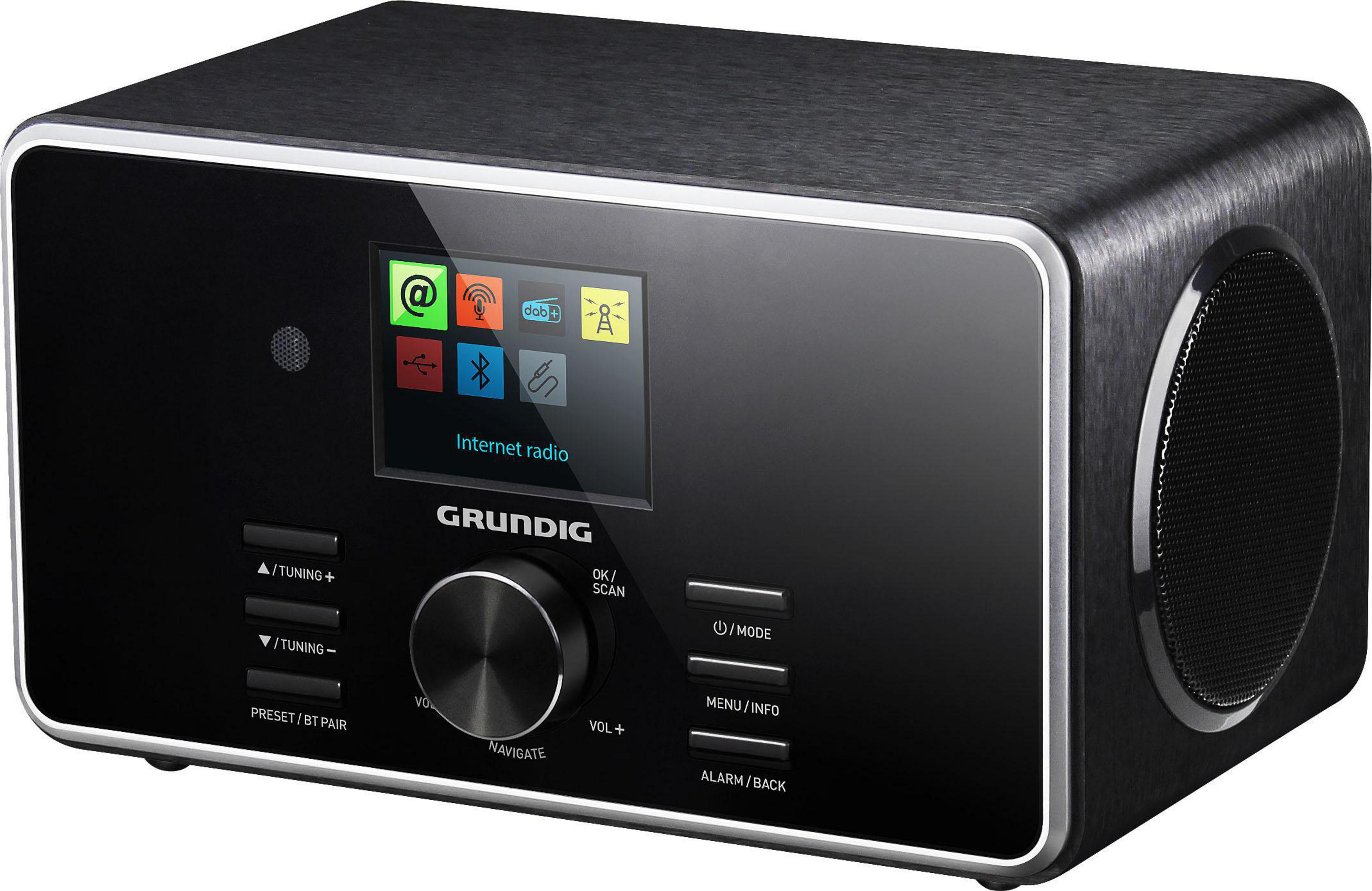 Ein schwarzes Grundig Internetradio mit Display und Steuertasten.