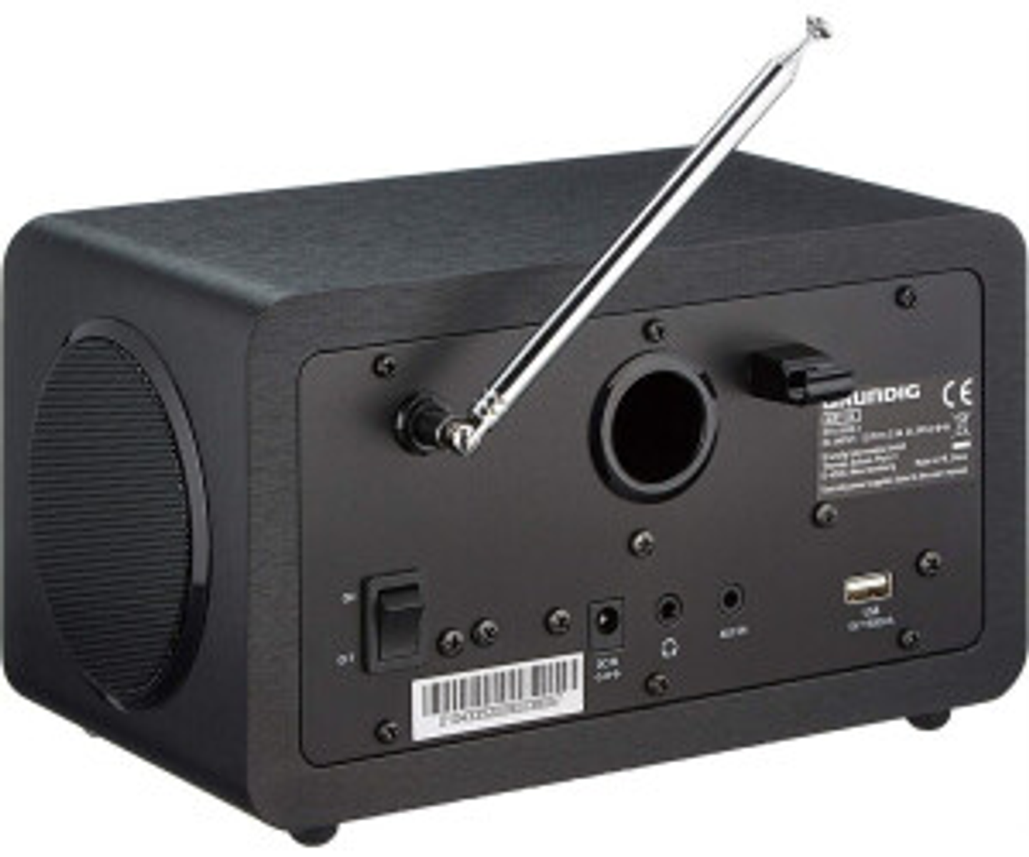 Rückseite eines schwarzen Grundig Radios mit Antenne und verschiedenen Anschlüssen.