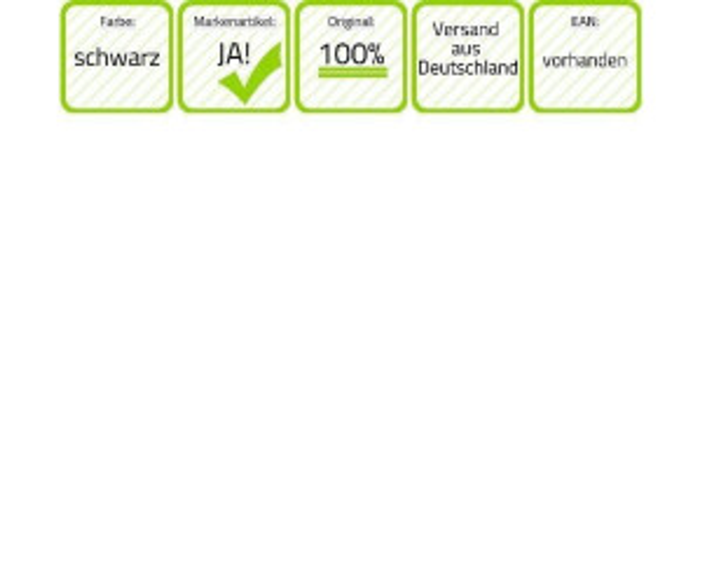 Weißer Hintergrund mit schwarzen Textfeldern, die Produktattribute anzeigen: Farbe, Marke, Herkunft und EAN.
