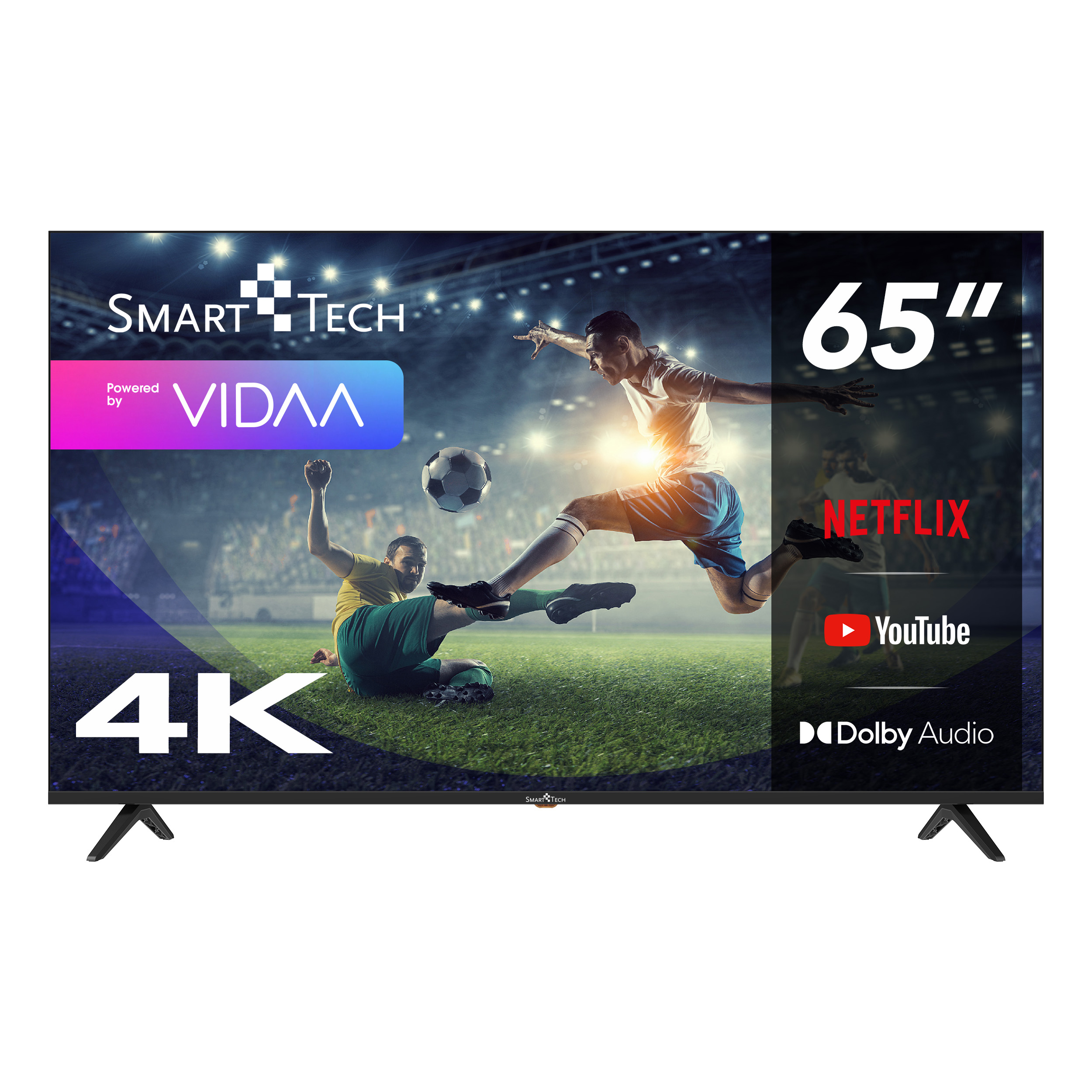 Un televisor Smart Tech de 65" que muestra un partido de fútbol, Netflix, YouTube y el logotipo de VIDAA.