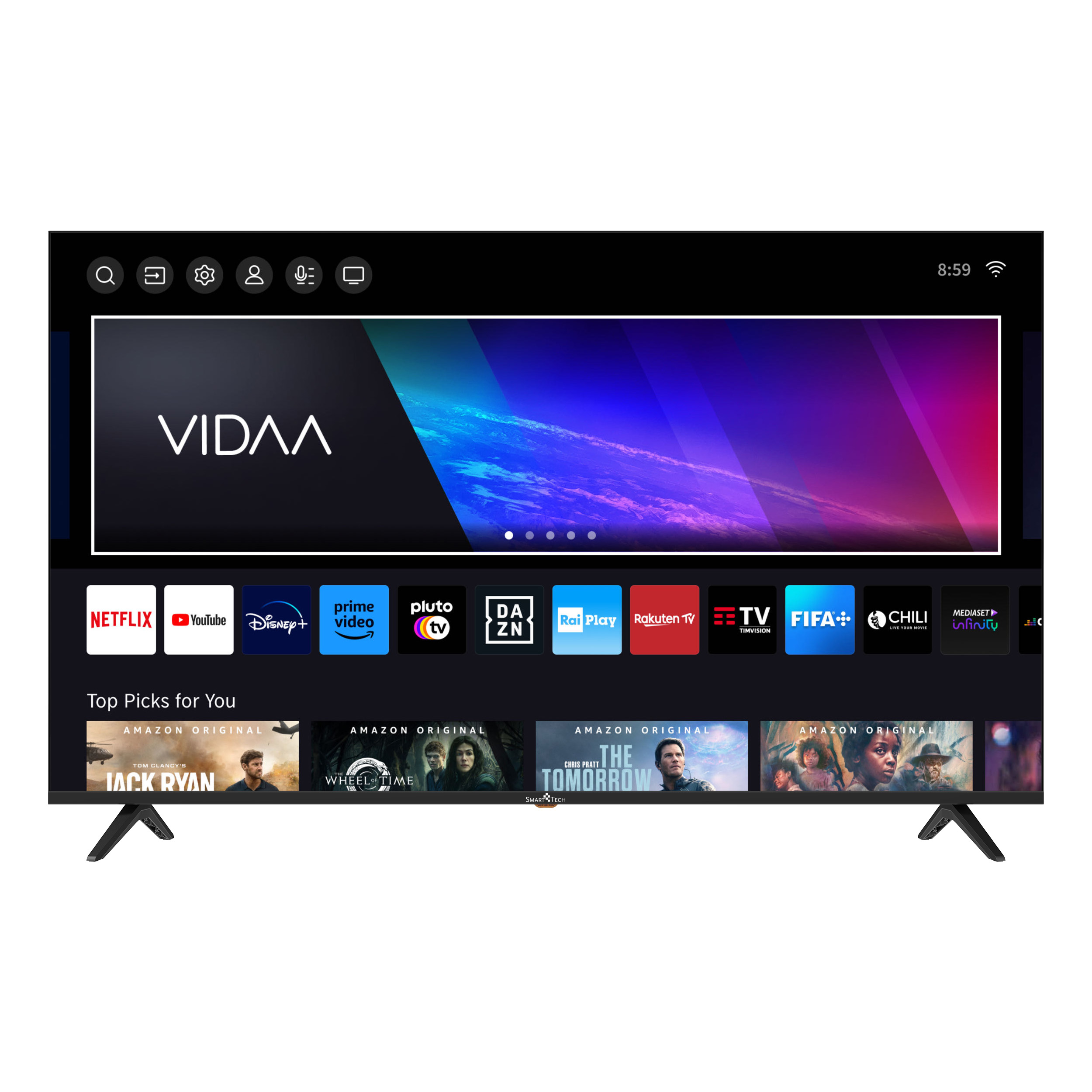 Interfaz de TV inteligente VIDAA con iconos de Netflix, YouTube y otras apps. Marco negro.