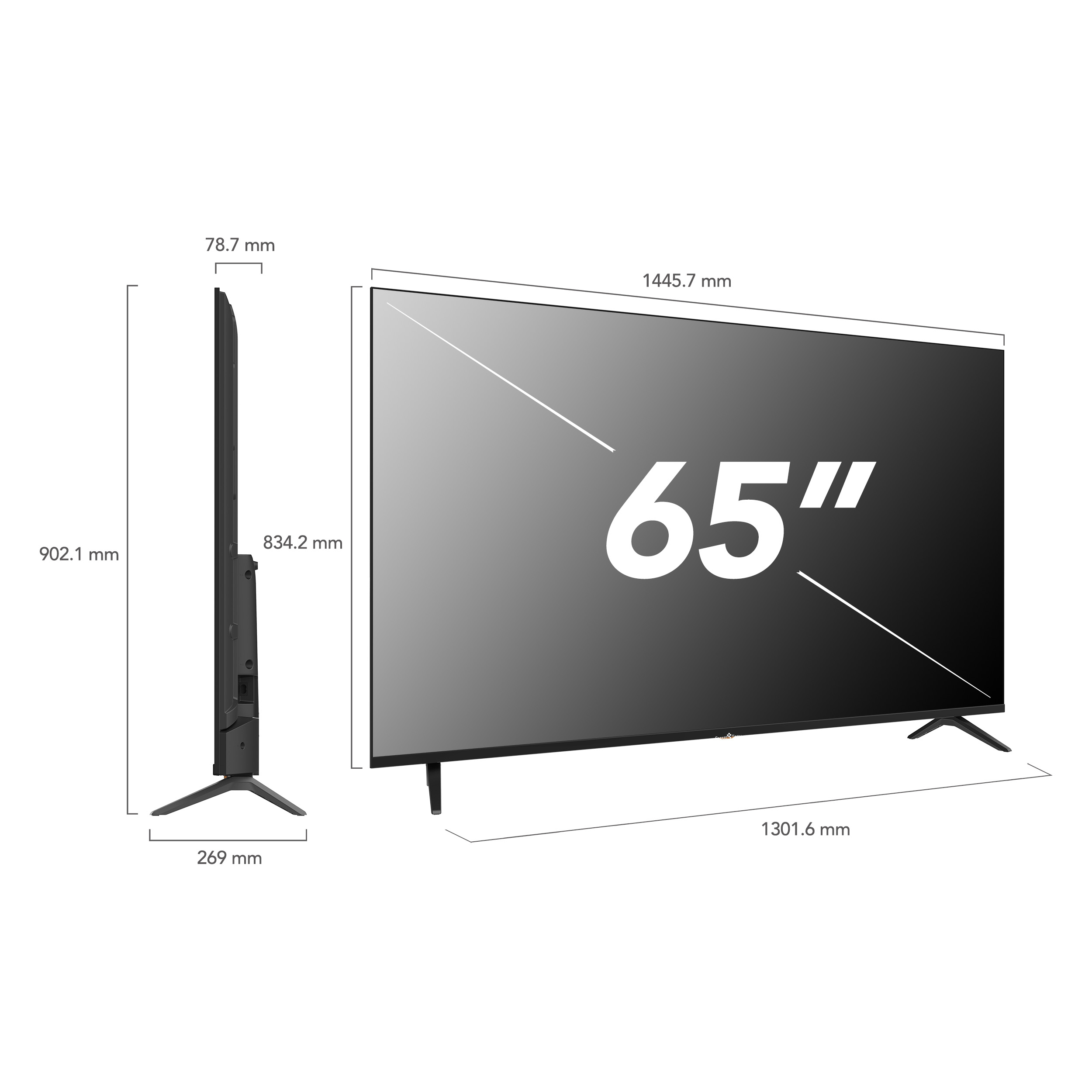 Una pantalla de TV de 65 pulgadas mostrando dimensiones. Es negro, con soporte.