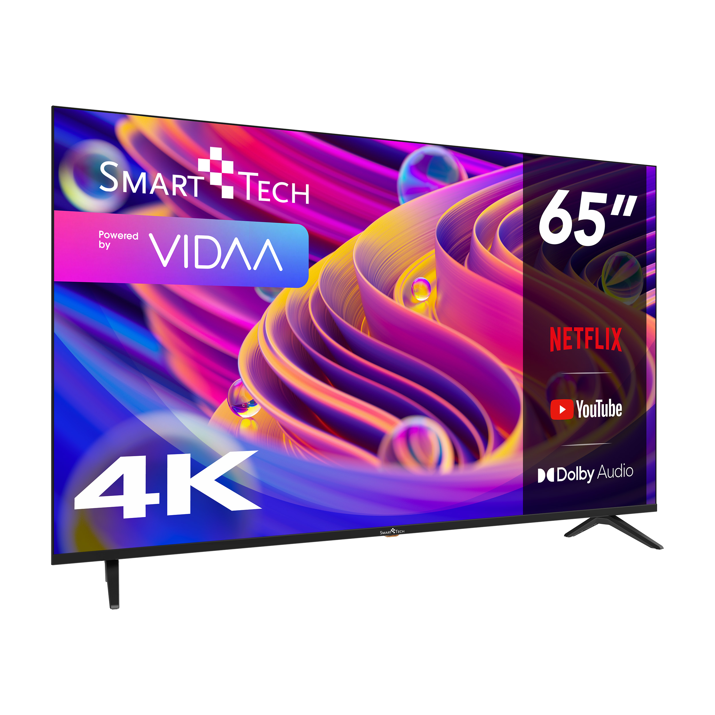Un televisor inteligente de 65 pulgadas con un diseño colorido.