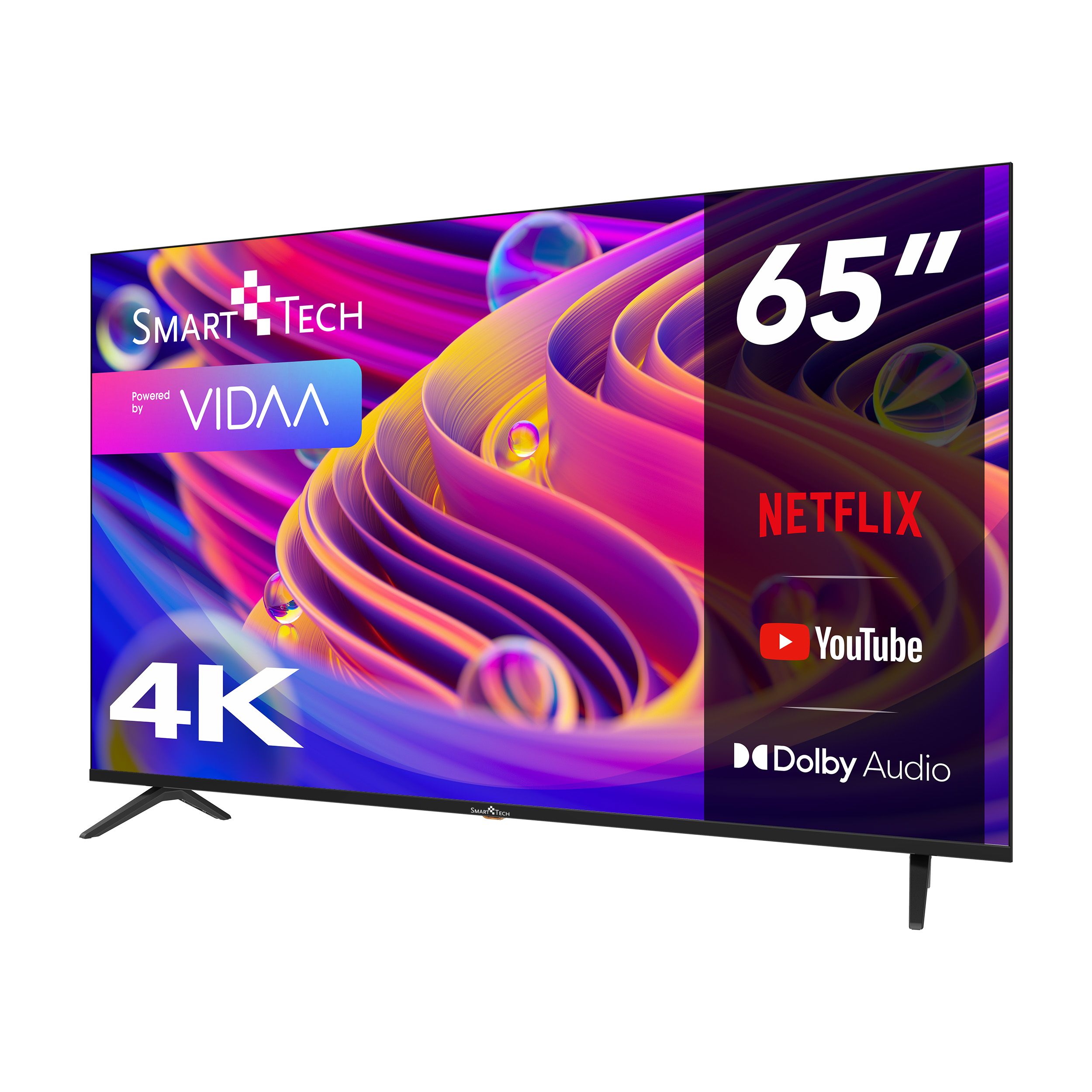 Televisor SmartTech de 65 pulgadas con resolución 4K. Se ven los logotipos de Netflix y YouTube.