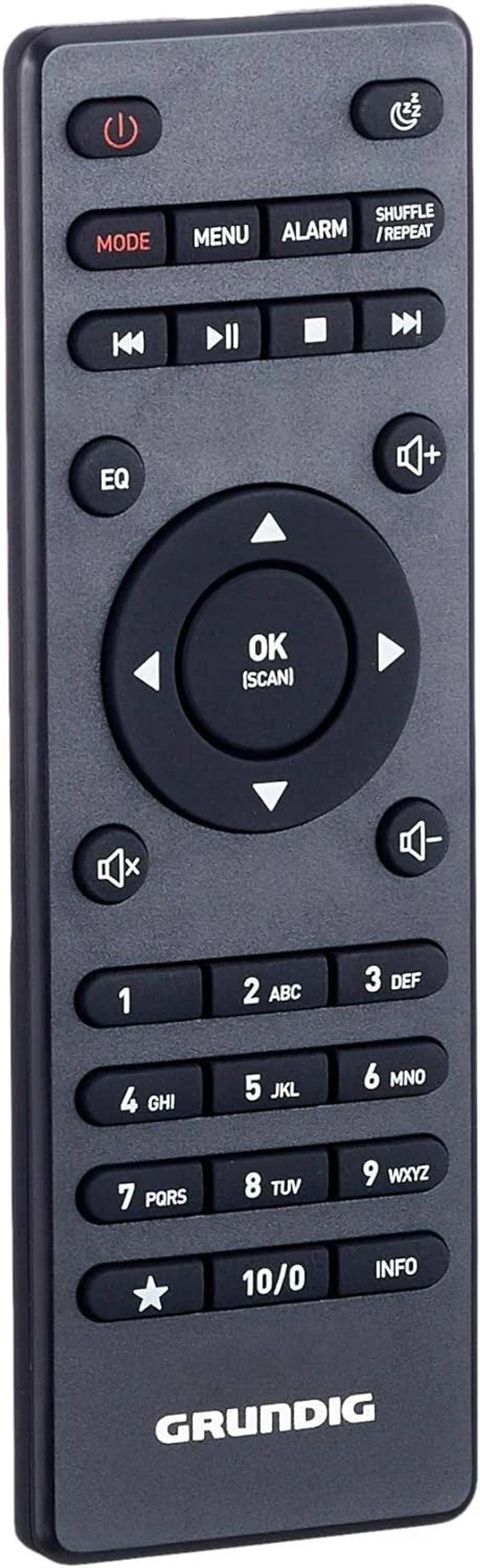 Ciemnoszary pilot z wieloma przyciskami, w tym zasilania, menu i klawiszami numerycznymi.