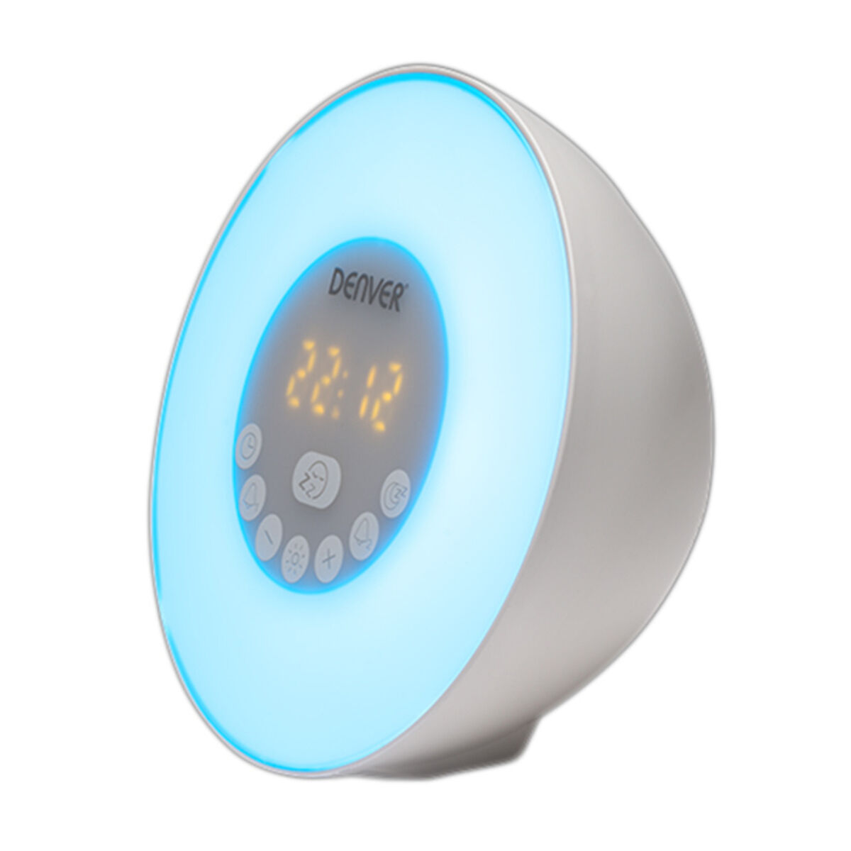 Ein weiß-blauer digitaler Wecker. Die Uhrzeit ist 22:12. Er hat mehrere Knöpfe.