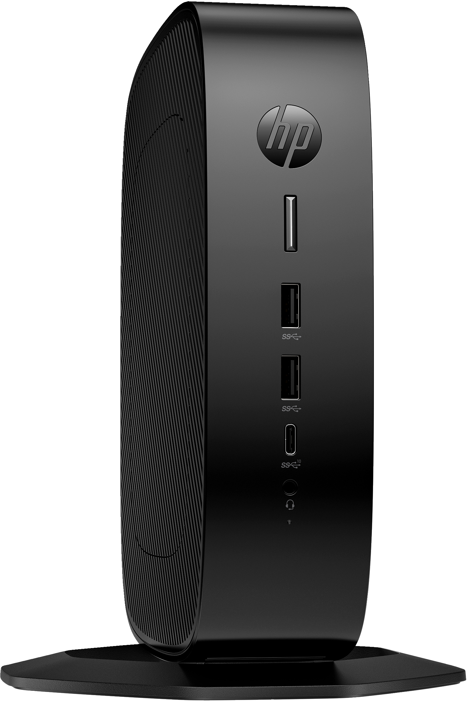 Torre del computer nera su un supporto nero. La torre ha porte e un logo.