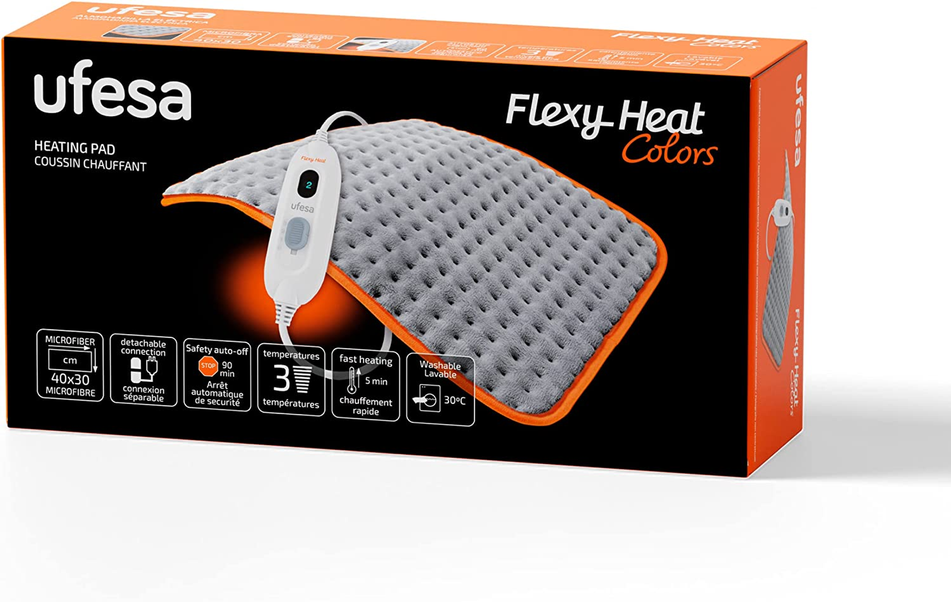Pudełko poduszki grzewczej, szara poduszka z pomarańczową obwódką. Tekst zawiera 'Flexy Heat Colors'.