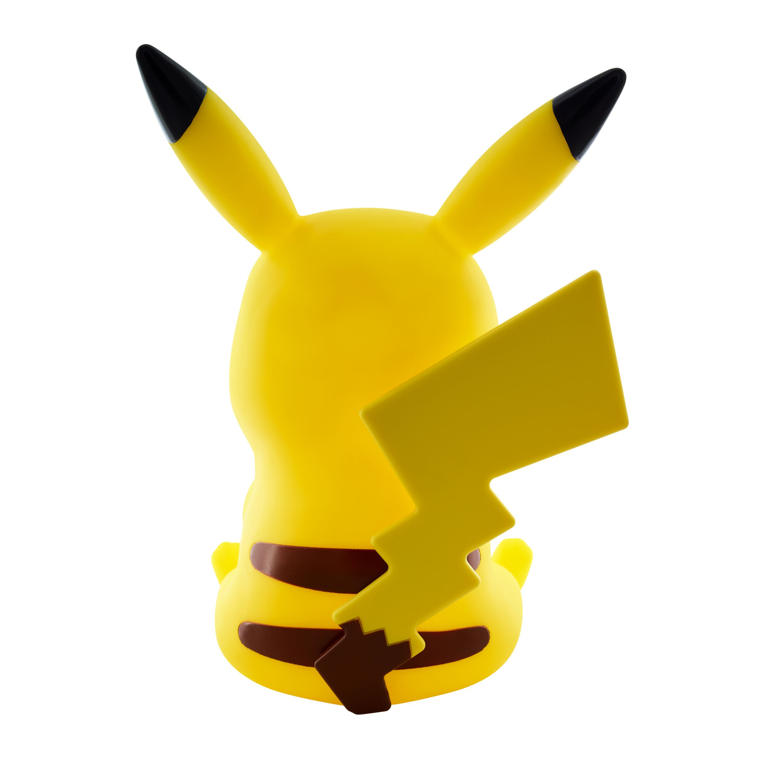 Vista posteriore di una figura di Pikachu gialla. Ha orecchie nere, strisce marroni e coda a fulmine.