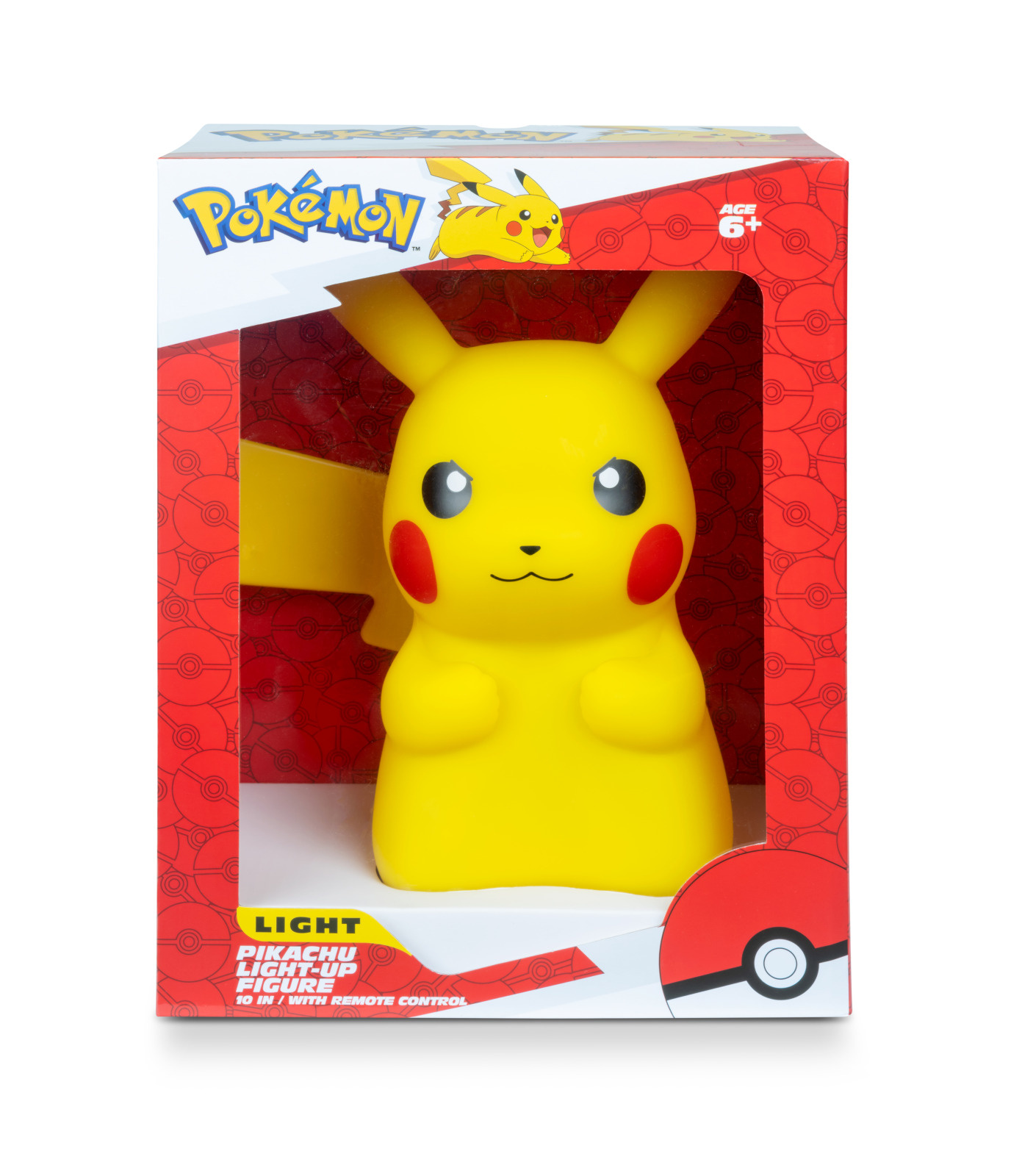 Figura de Pikachu iluminada en una caja. Figura amarilla de Pikachu en una caja roja y blanca.