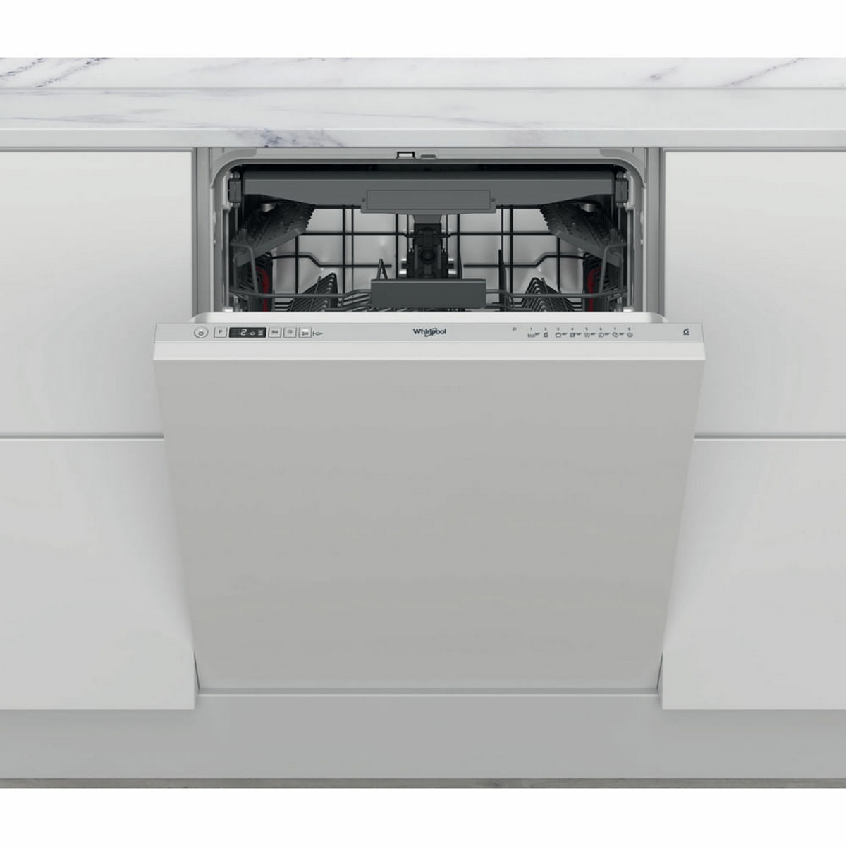 Lavastoviglie bianca aperta, che mostra piatti e controlli. Logo Whirlpool visibile.