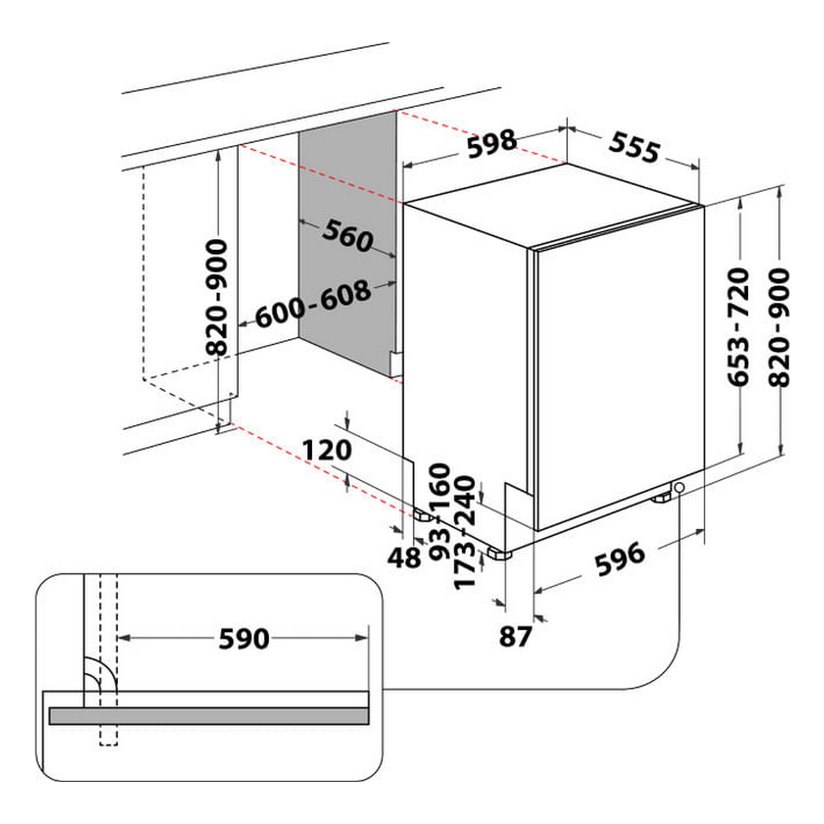 Disegno tecnico di una lavastoviglie con dimensioni e dettagli di installazione.