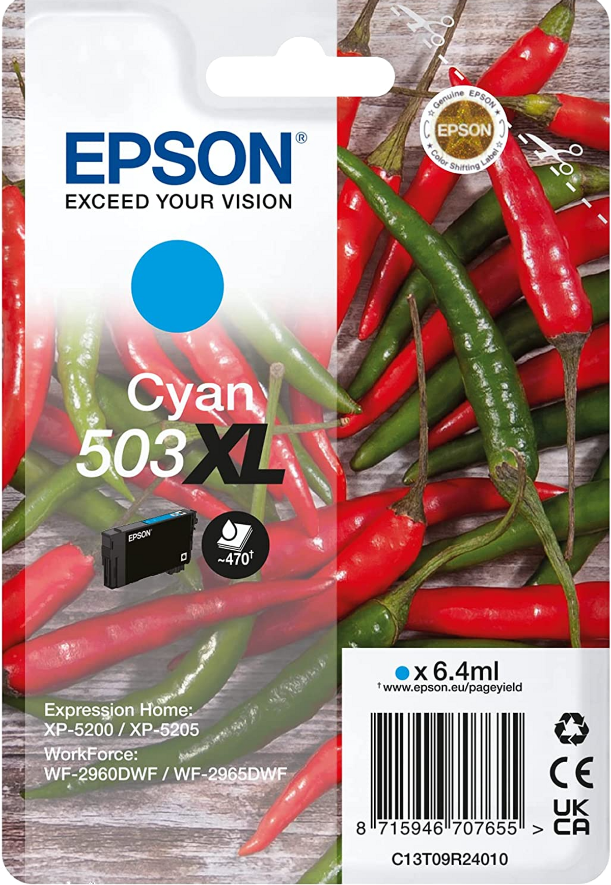 Pudełko z wkładami atramentowymi z czerwonymi i zielonymi papryczkami w tle i logo Epson.