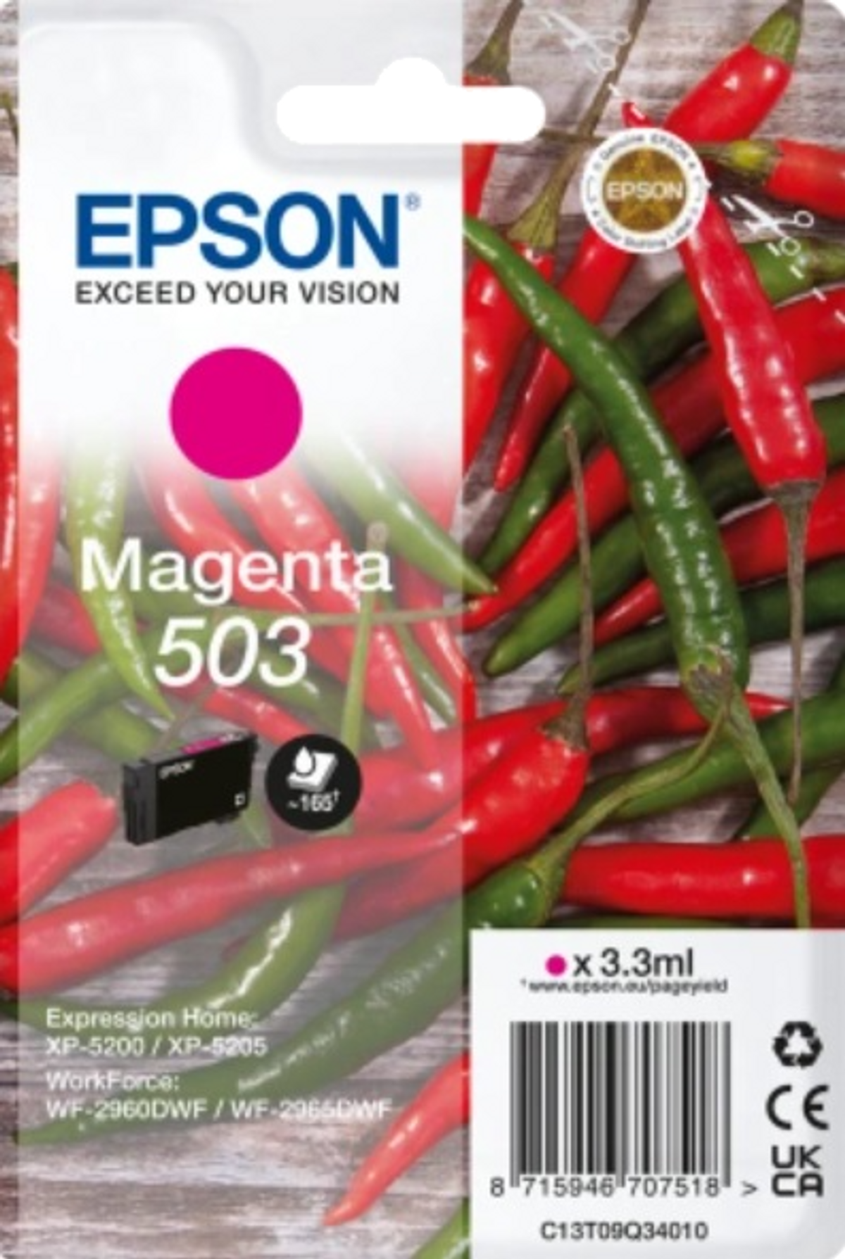 Wkład atramentowy Epson Magenta 503, z czerwonymi i zielonymi papryczkami chili w tle.