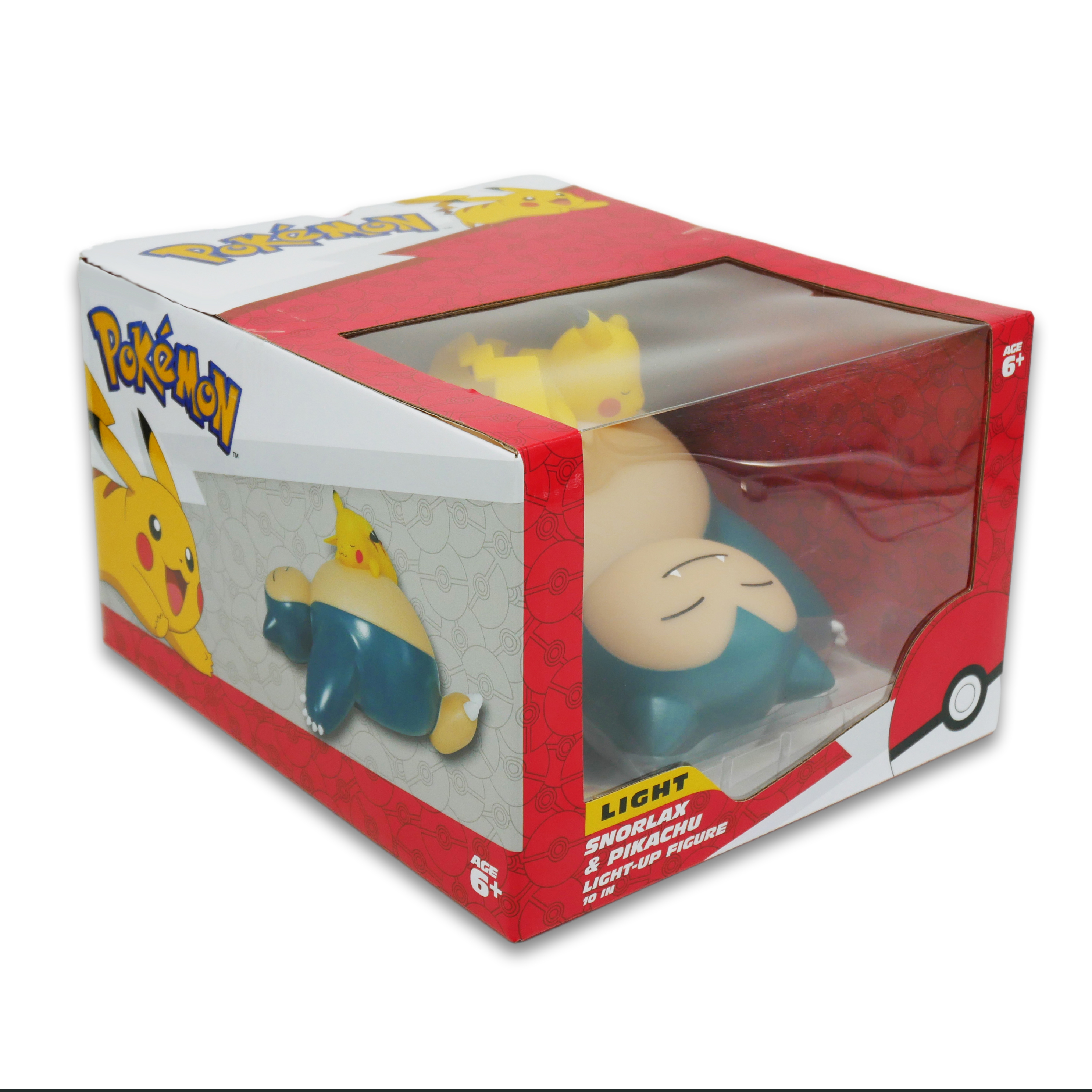 Una scatola con una figura di Pikachu e Snorlax. La scatola è rossa e bianca con una finestra trasparente.